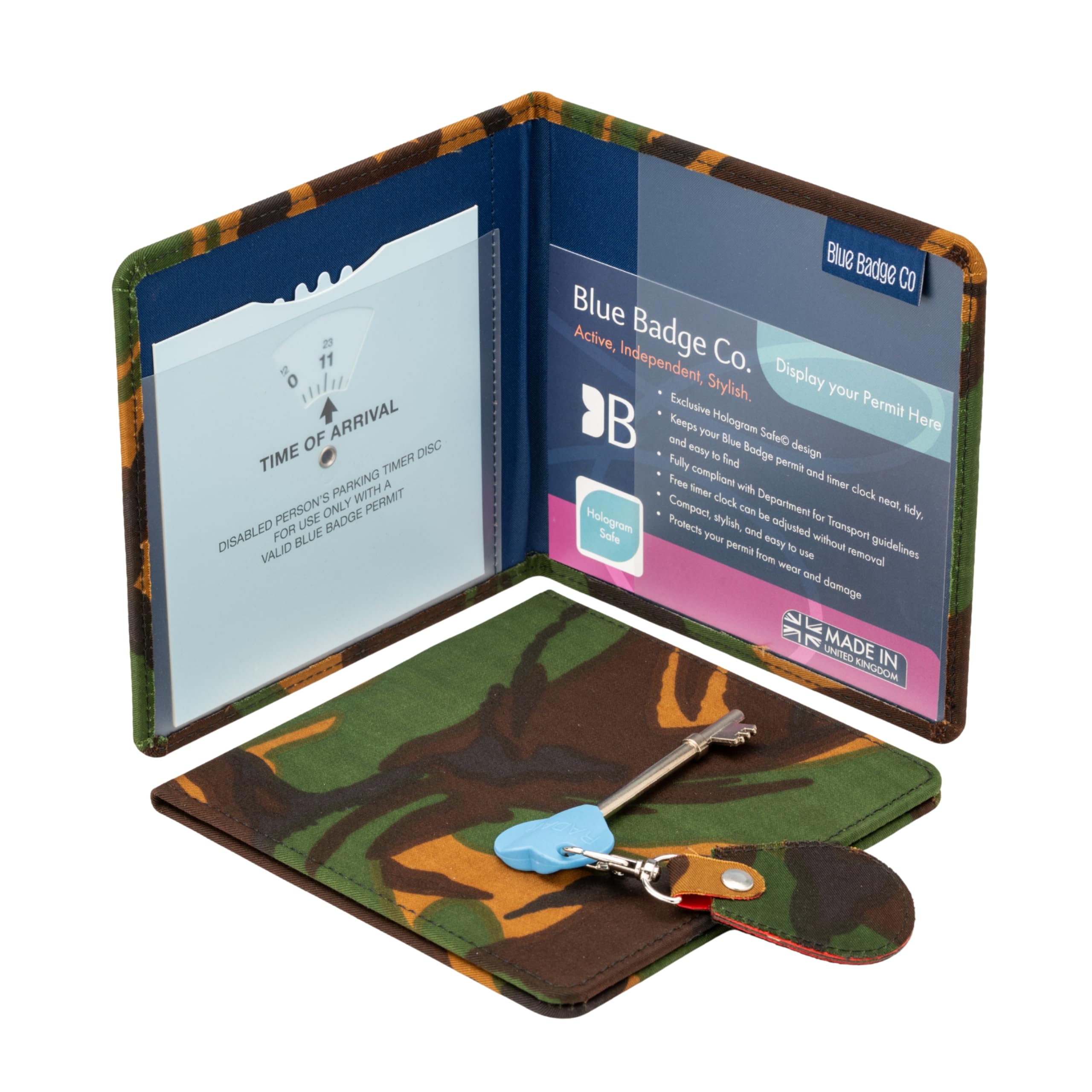 Blue Badge Permit Cover with Matching Key Ring in Army Camo, Radar Toilet Key Hologram Safe Design, Free Timer Clock and Just Can't Wait Card Included, Fits New Badge