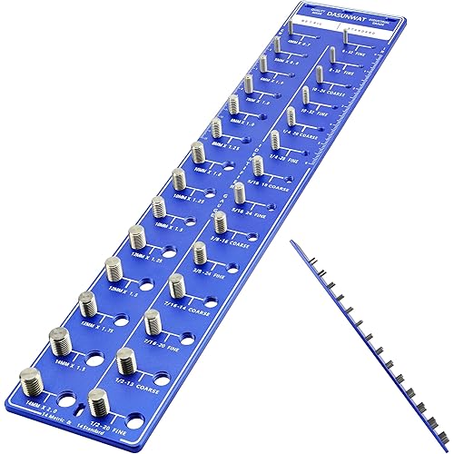 Nut and Bolt Thread Checker, 14 Metric & 14 Standard Sizes, Bolt Nut Identifier Gauge with Inch and Centimeter Ruler, Solid Aluminum Bolt Size and Thread Gauge, Hang or Flat, Blue