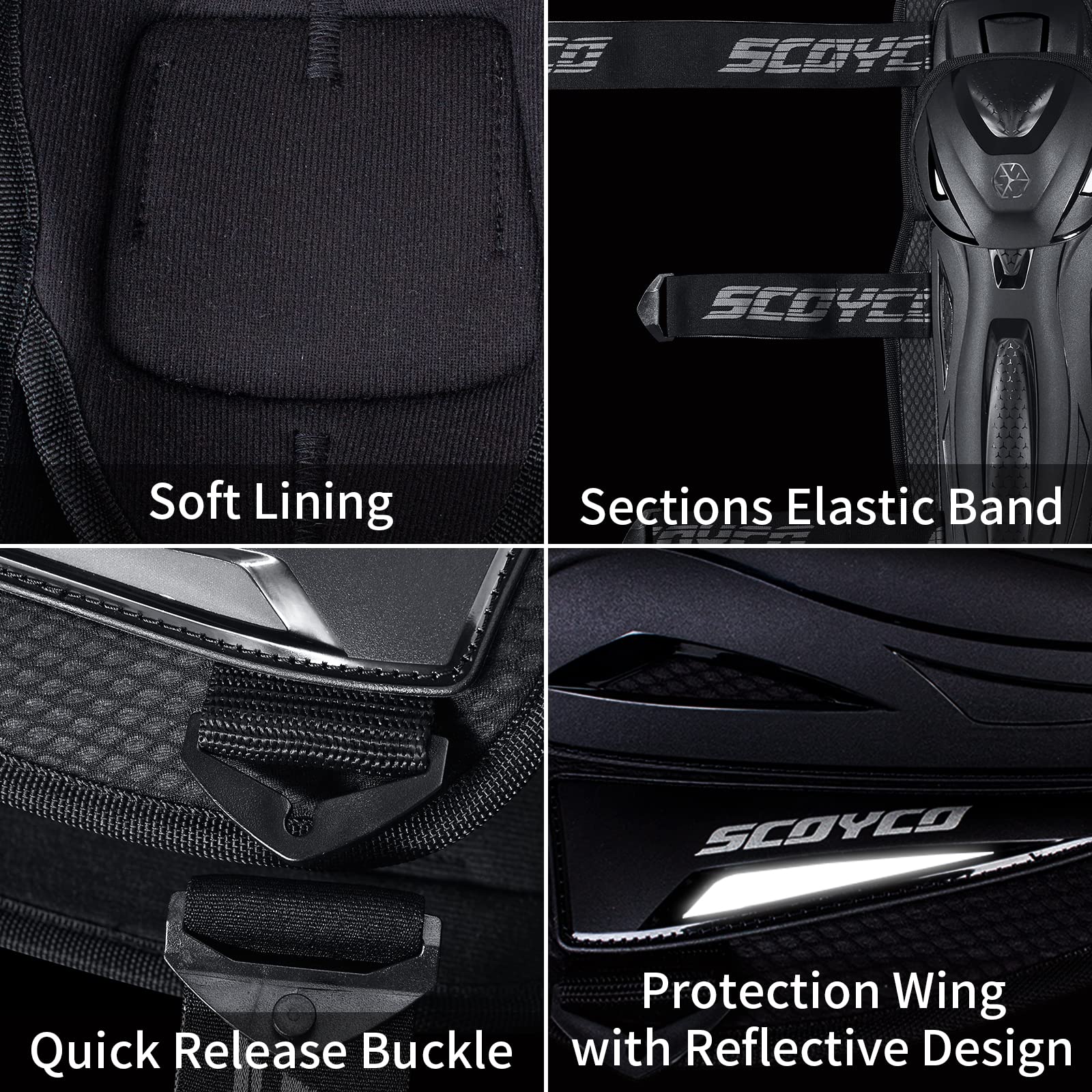Scoyco 4pcs Motorcycle Knee Shin Guard Pads 3 Sections Adjustable Knee Elbow Cap Pads Protector Armor CE Level 2 Long Leg Sleeve Protective Gear for Motorcycle Cycling Racing