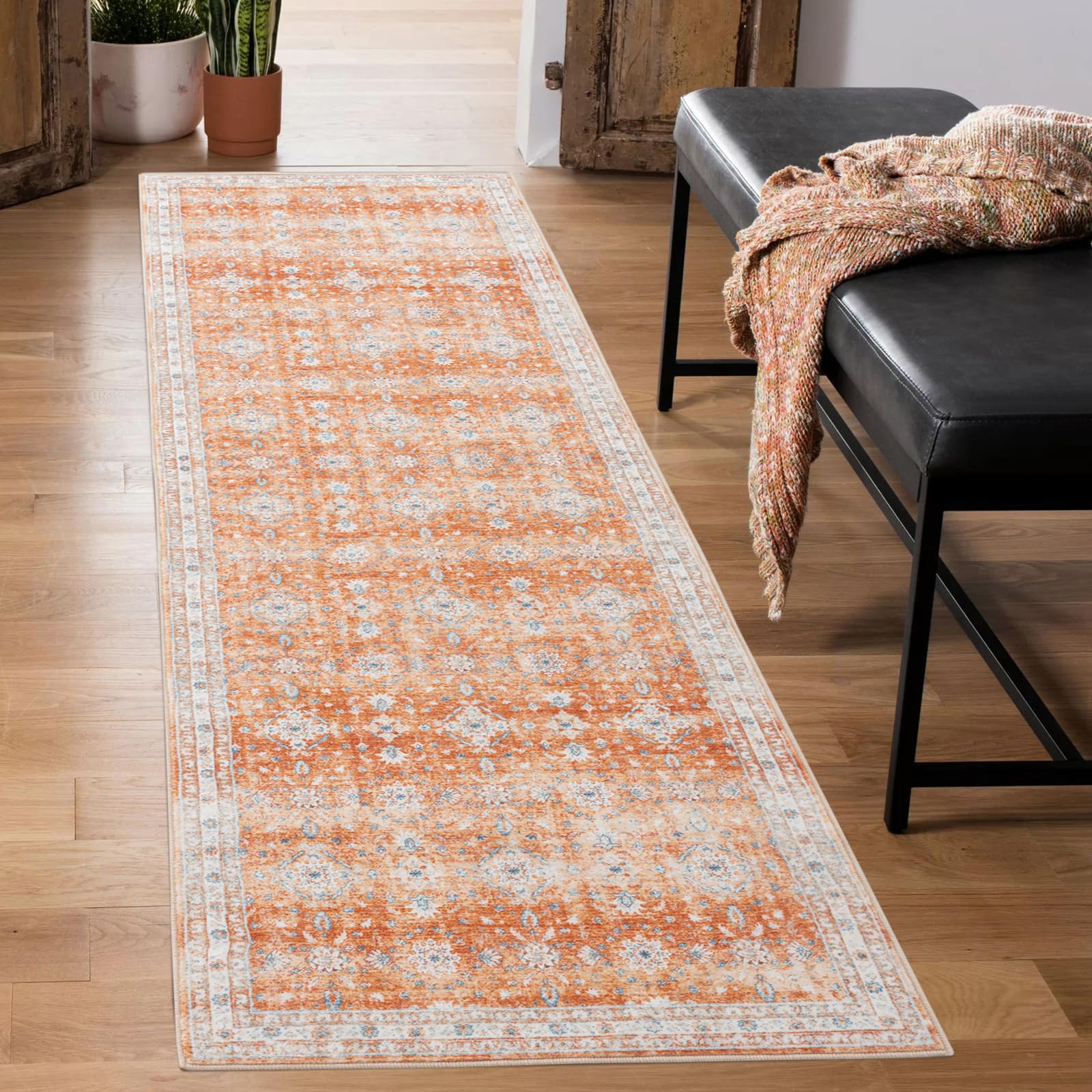 Carvapet Alfombras de Pasillo 60x210cm Alfombra Corredor Antideslizante Larga Alfombras de área Lavable Suave Microfibra Flores Alfombra Comedor Pasillo(Naranja)