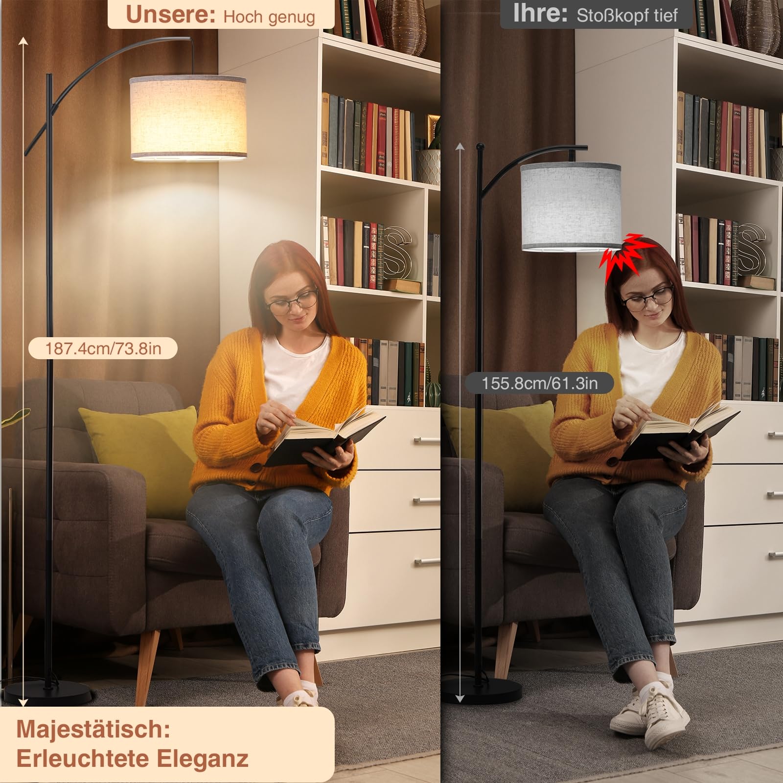 FIMEI Bogen-Stehlampe fürs Wohnzimmer, 187.4cm, dimmbare LED, stufenlos einstellbare Farbtemperatur, hohe Stehleuchte mit Trommelschirm, Fernbedienung, 9W LED-Birne, ideal für Lesen, Schlafzimmer