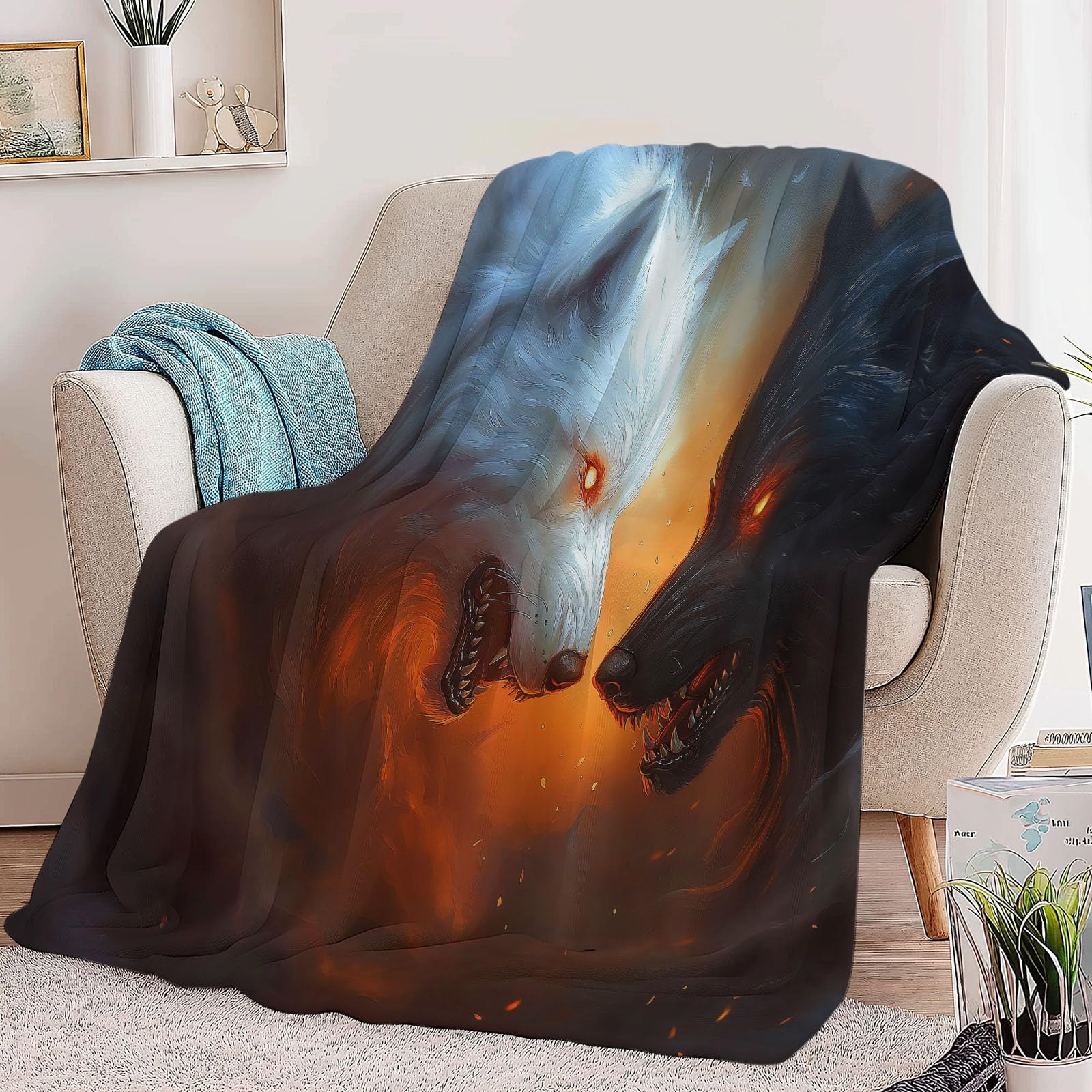 Przytulny koc flanelowy, puszysty, 150 x 200 cm, fantazyjny, zwierzęcy wilk, koc do mieszkania i jako narzuta na sofę, miękki koc polarowy z mikrofibry, jako narzuta na kanapę, pomarańczowy kolor