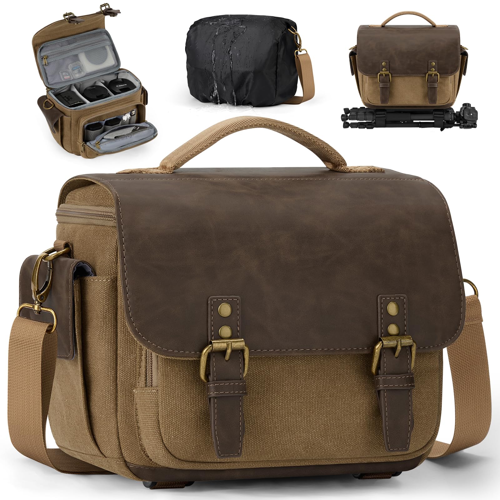 RAINSMORE Camera Bag, Vintage Canvas Camera Sling Bag Crossbody Camera Case