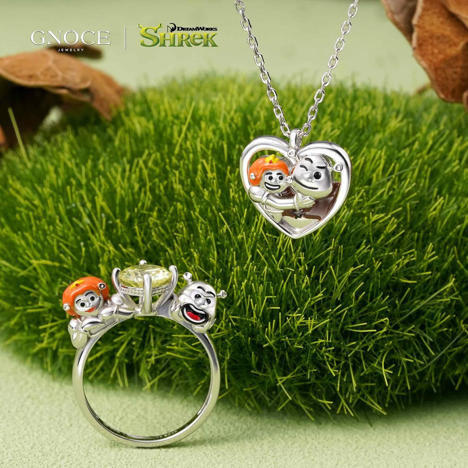 GNOCE Shrek & Fiona Heart Pendant Necklace for Women, S925 Sterling Silver Pendant Necklace for Her Wife, Valentine‘s Day, Mother's Day Jewelry