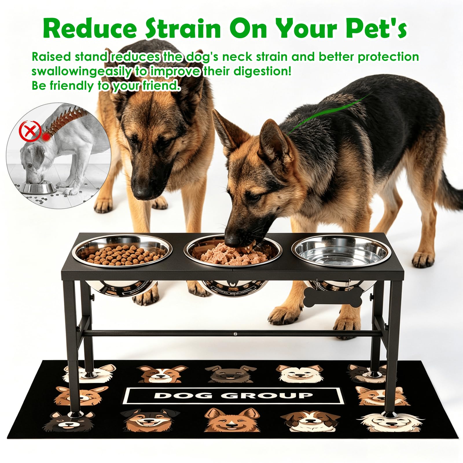 SHAINFUN Soporte elevado para cuencos para perros grandes y perros extragrandes con 3 cuencos de 101 onzas, 4 comederos elevados de altura ajustable con alfombrilla antiderrames, estación de alimentos