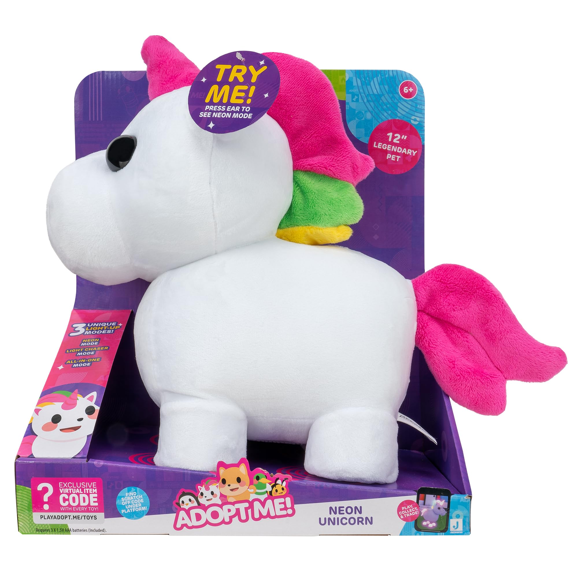 Adopt Me! Peluche Luminoso al Neon Unicorno, Morbido e coccoloso, Tre modalità di Illuminazione, Direttamente Ispirato al Gioco n. 1, Giocattoli per Bambini, 6 Anni in più
