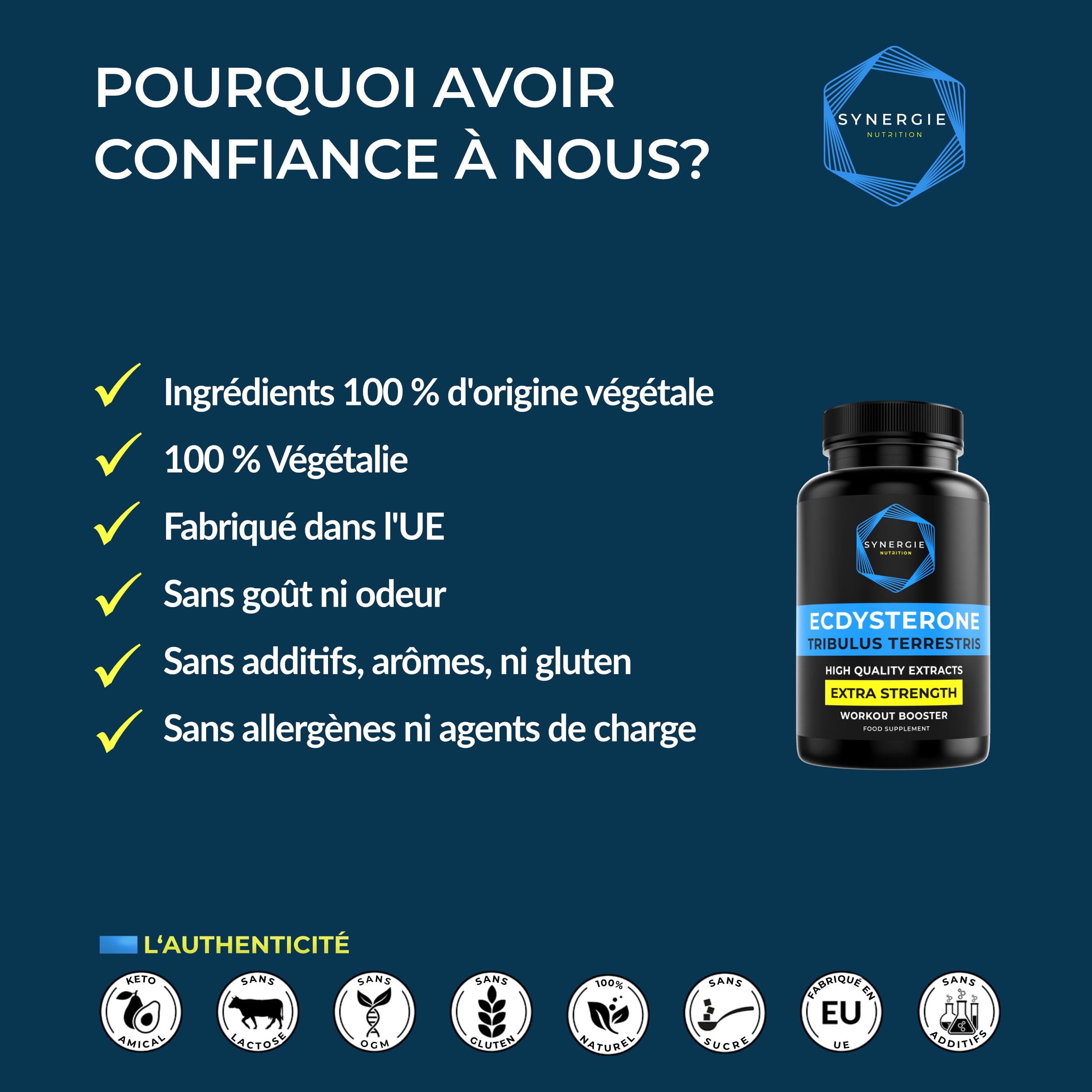 Ecdystérone - Tribulus Terrestris, Complément alimentaire par Synergie Nutrition - 400 mg d'extrait de Tribulus 90%+ de saponines - 400 mg d'extrait de Leuzea 20:1 - 60 doses quotidiennes