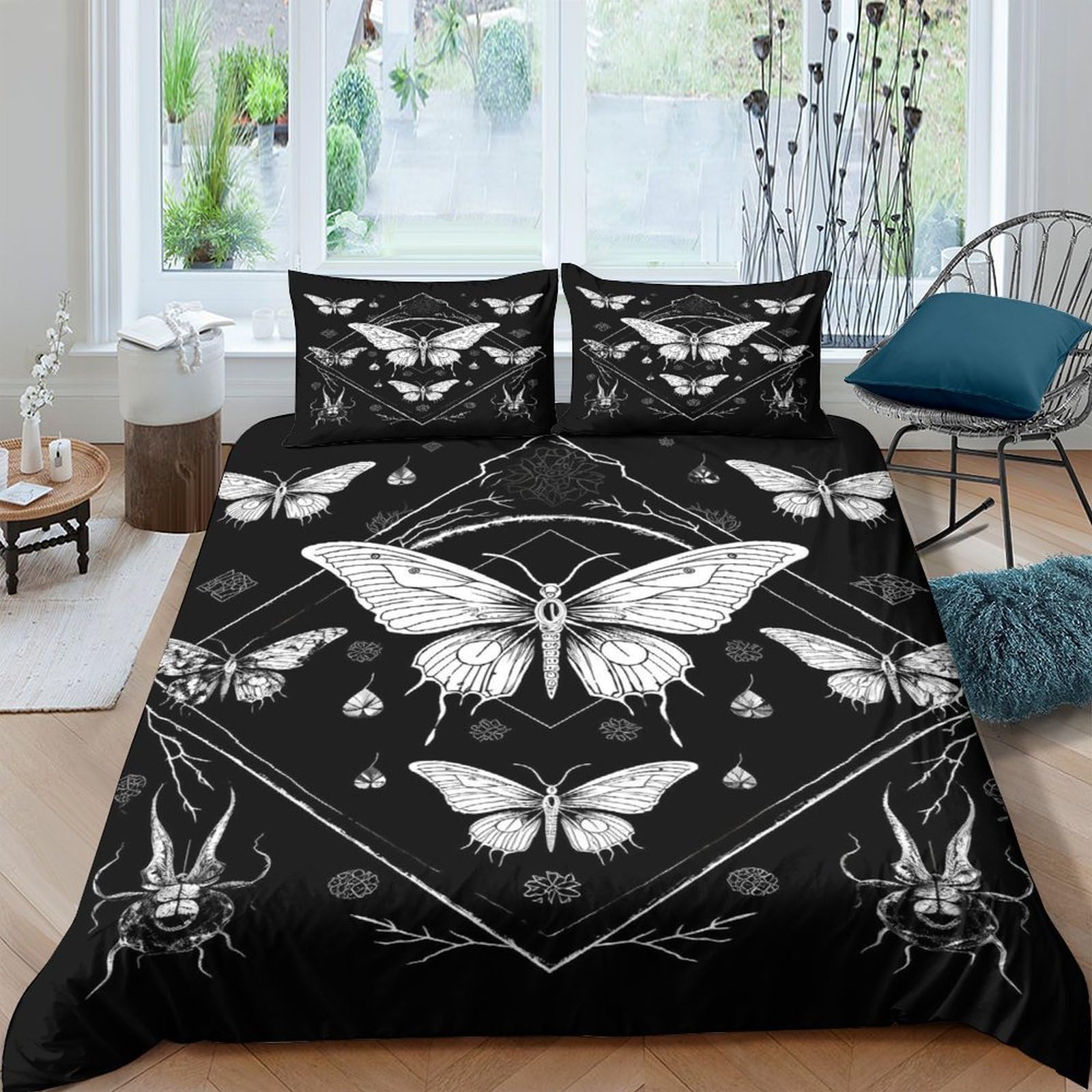 Ctjqhvkz Style-9 3D Printed Black White Butterfly Fitted Sheet Microfiber Soft Gothic Moth Mattress Cover Bedroom Decor For Home Dorm Single（135X200cm）