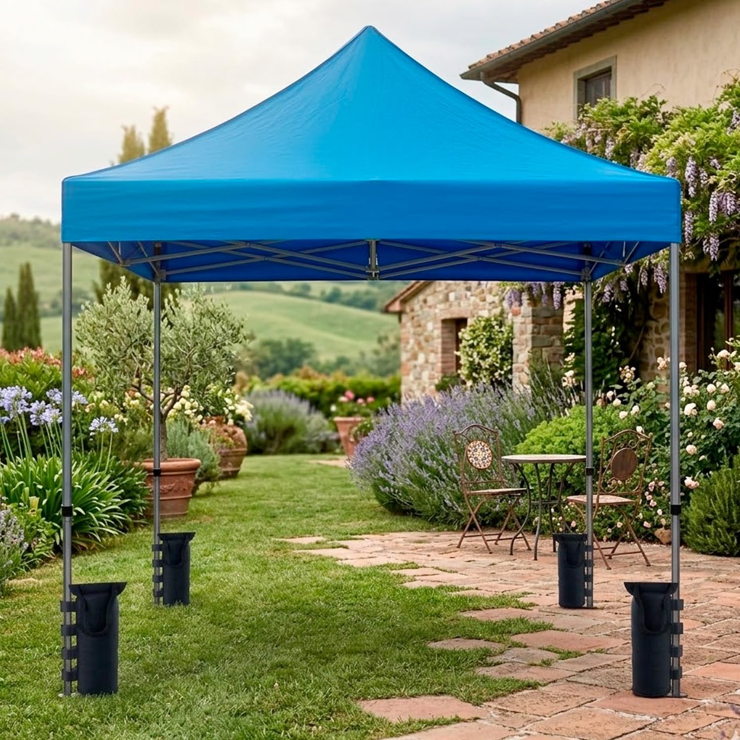 Gazebo Professionale 3x3 M Richiudibile Automatico In Acciaio Con Telo Oxford 1200D PVC Impermeabile e Anti UV Struttura a Fisarmonica con Sacche Zavorra e Borsa Trasporto Sagre Feste Eventi (Blu)