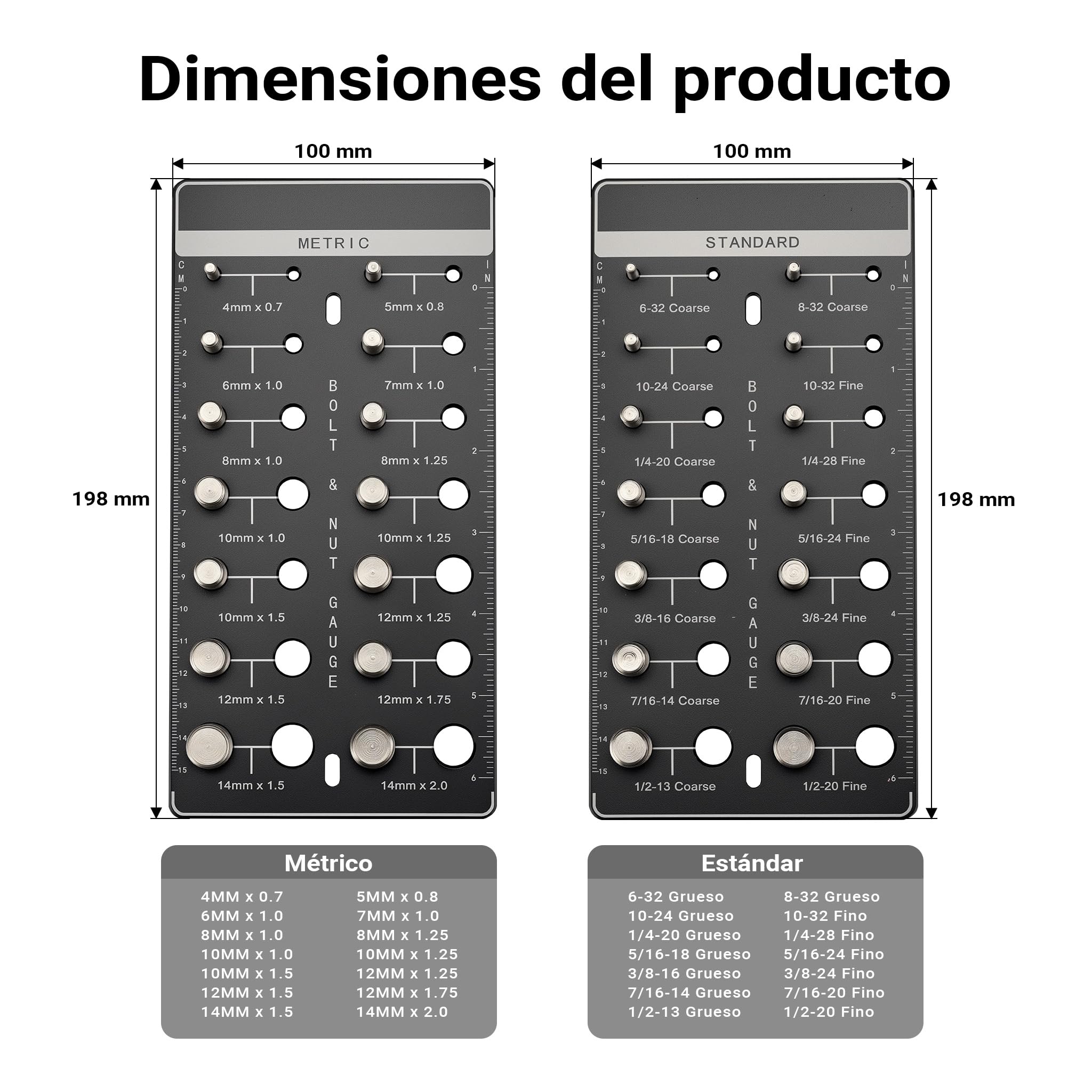 Wiltec Medidor de roscas tuercas y tornillos con 28 tamaños diferentes, comprobador de roscas, identificador de tamaños para roscas métricas (M40.7 a M142.0) e imperiales (6-32 gruesa a 1/2-20 fina)