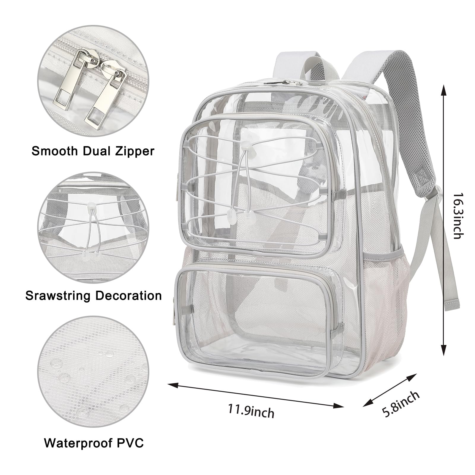 Yusudan Clear Backpack for Girls Women, Heavy Duty Transparent School Backpacks See Through PVC Bookbag for College Work Security Travel (Light Grey)