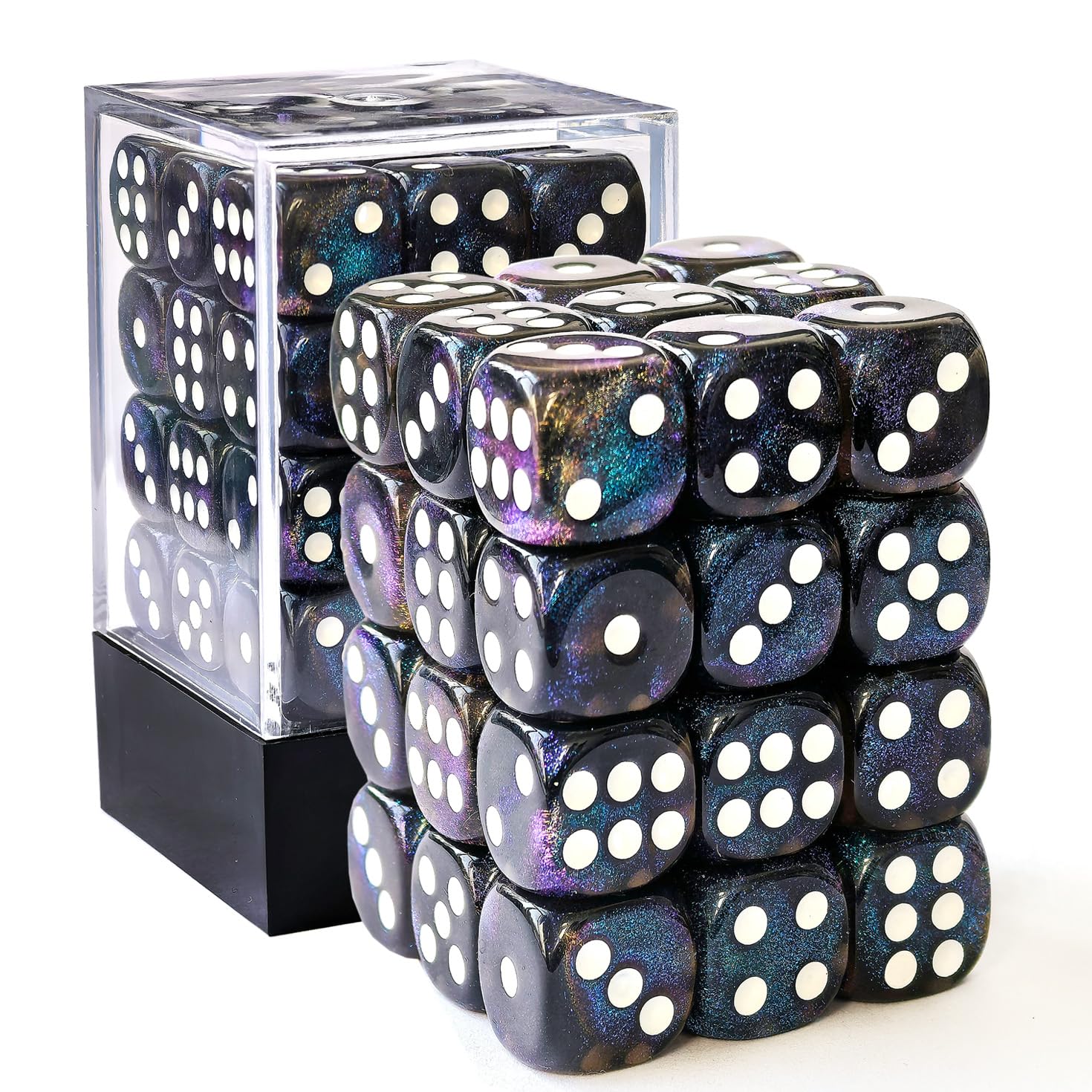 Bescon Moonstone 12mm Semi Translucent Black D6 Dice with Blue Shimmery - 36 in Brick Box