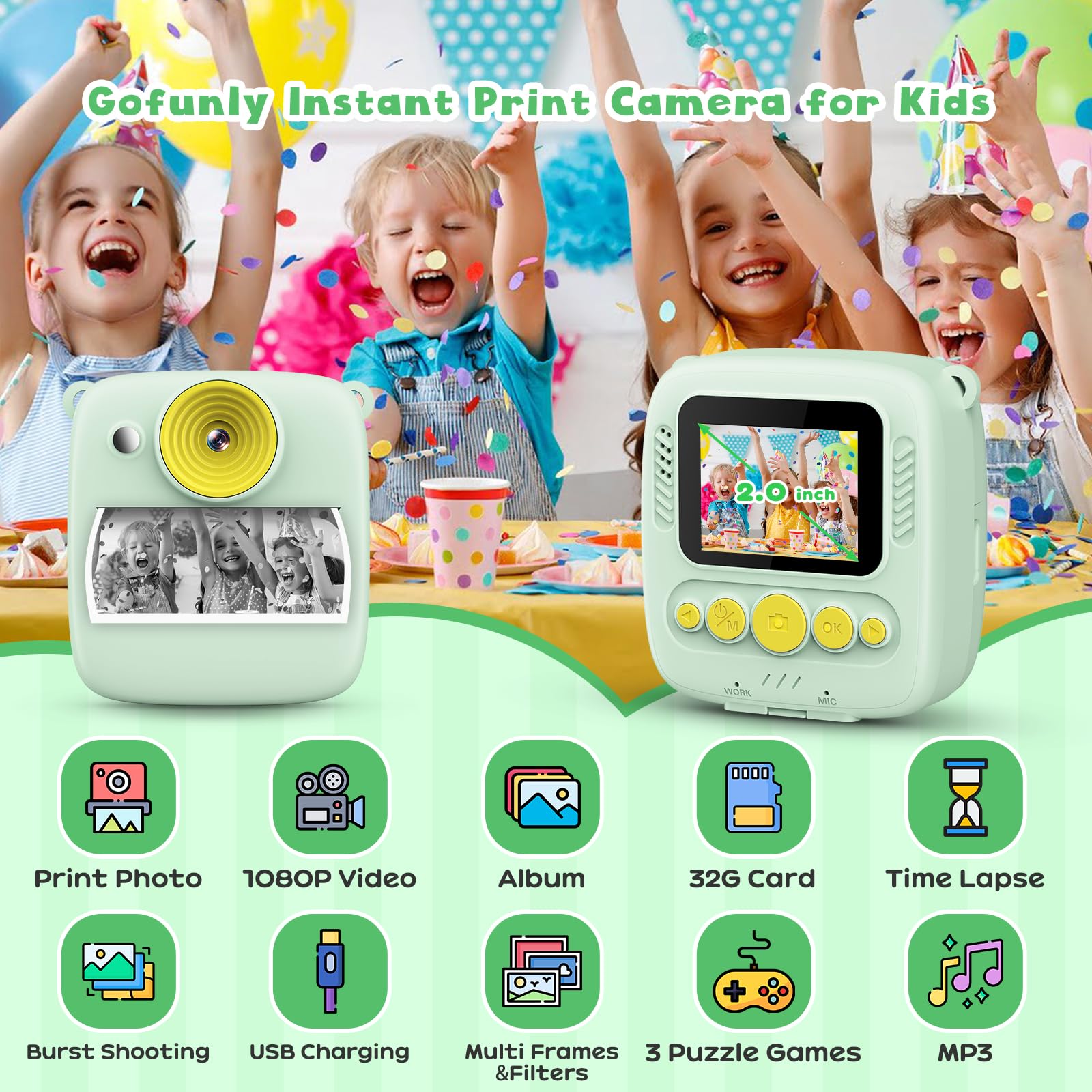 Gofunly Macchina Fotografica Bambini Istantanea, 1080P 2.0 Pollici Fotocamera Digitale Bambini con 32GB Scheda e Carta Fotografica, Regali di Natale Compleanno per 3 4 5 6 7 8 9 10 Ragazze Ragazzida