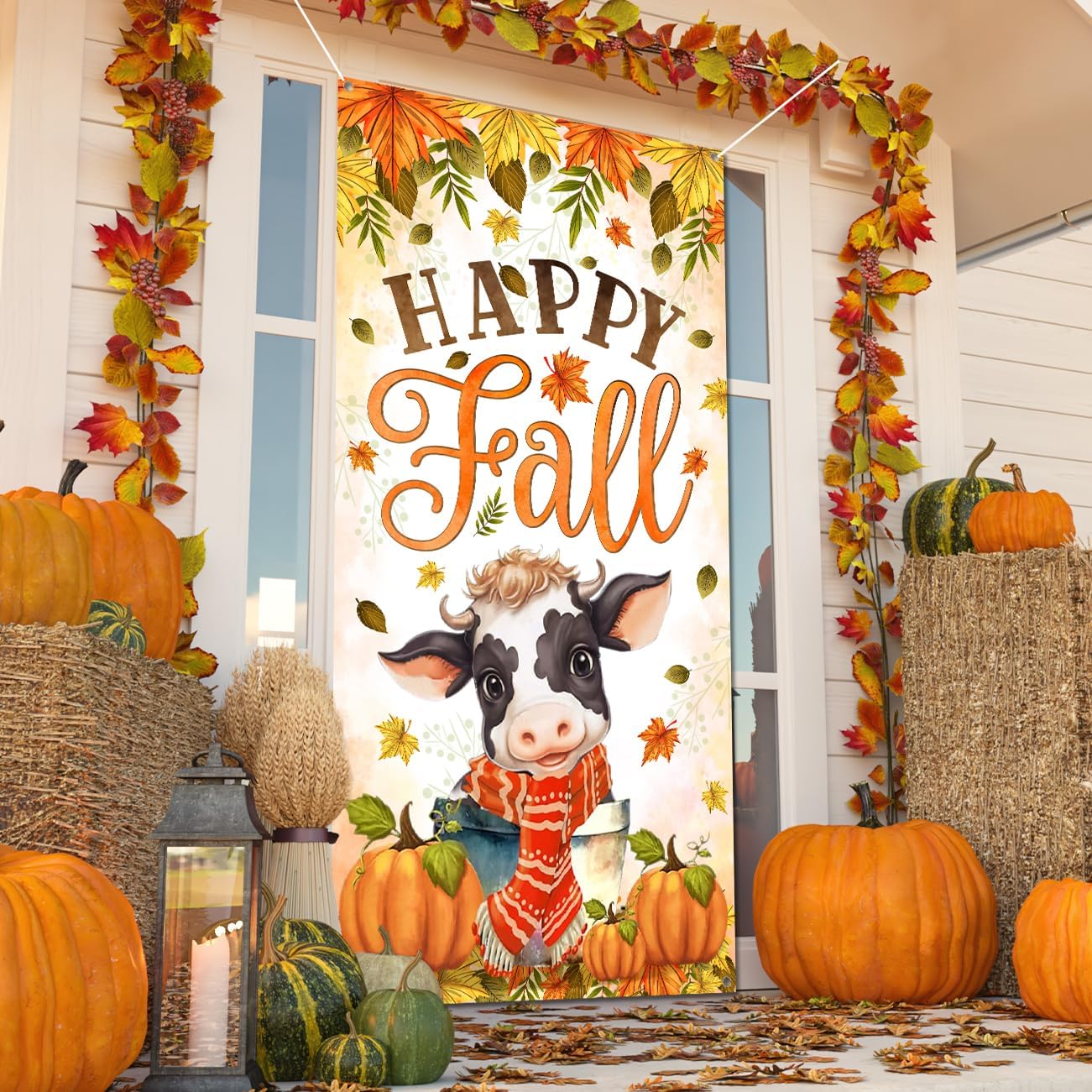 Happy Fall Door Cover Fall Party Decorations Baby Cow with Scarf Fall Festival Decorations Pumpkin Door Banner for Autumn Harvest Thanksgiving Party Supplies - Image 4