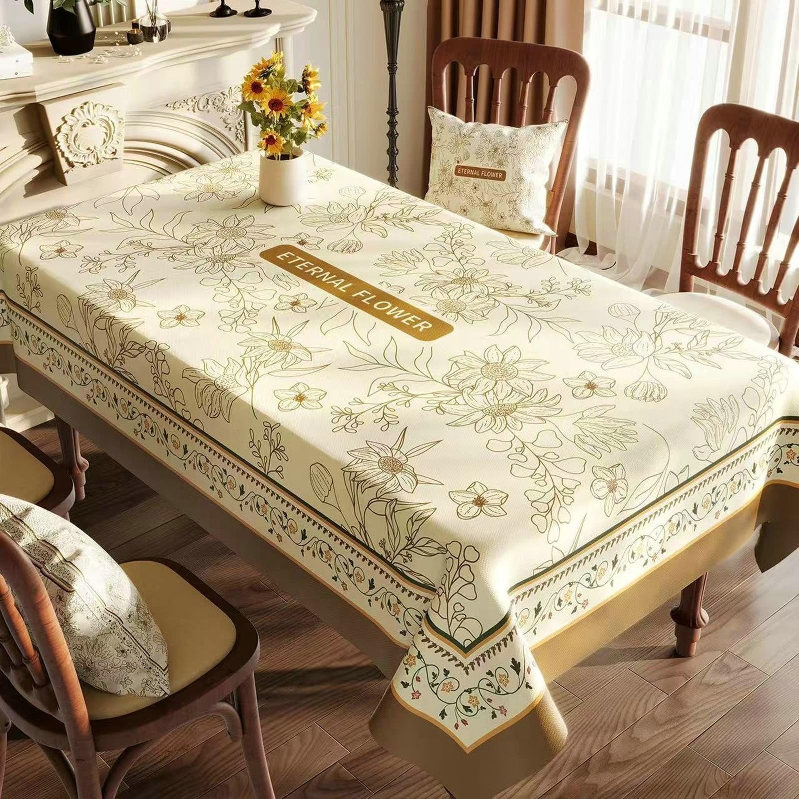 Mantel rectangular para mesa, diseño de flores, PVC, 140 x 220 cm, color beige y verde