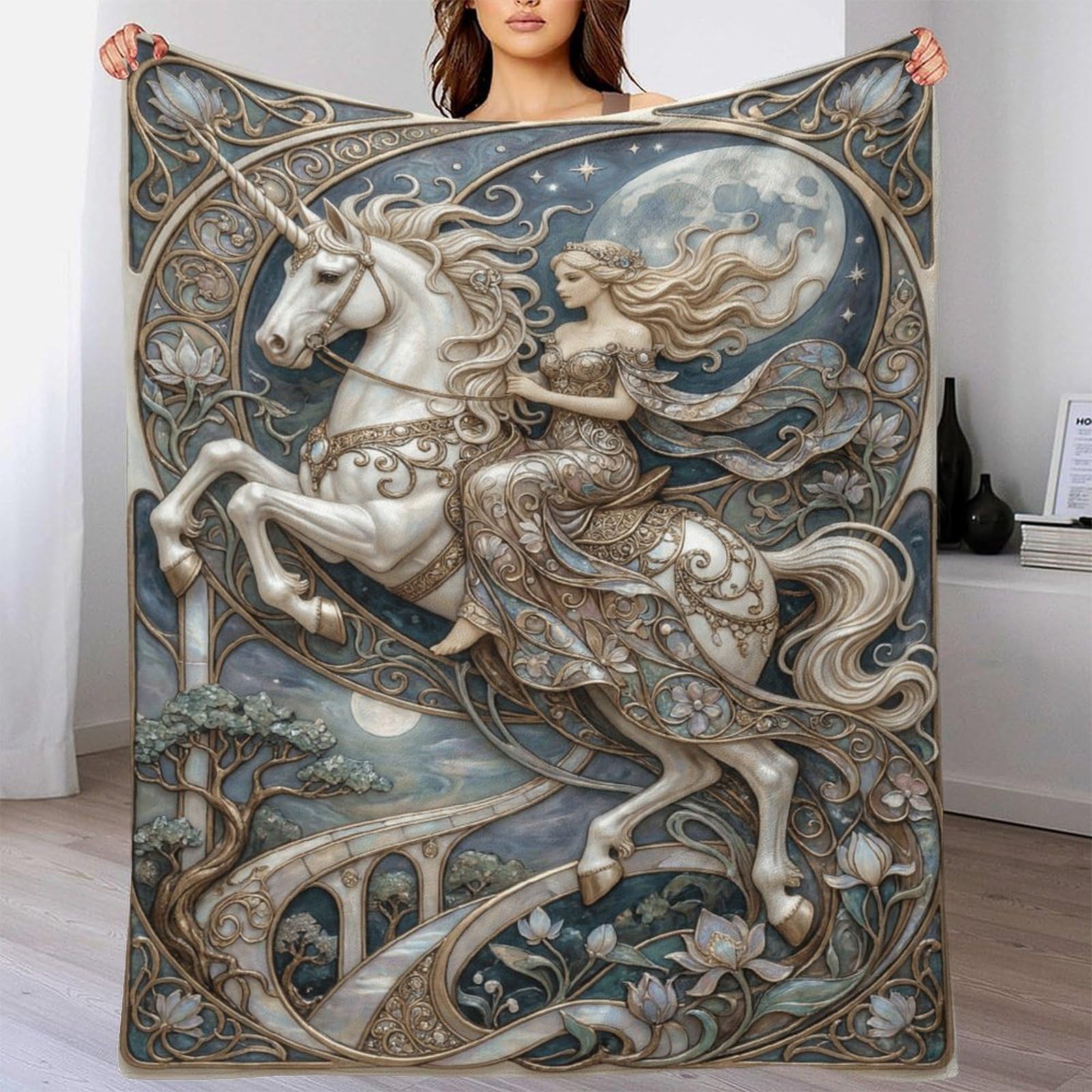 W7C8U2X3 Art Nouveau Mucha Unicorn Flannel Throw Blanket, Travel Bed Couch