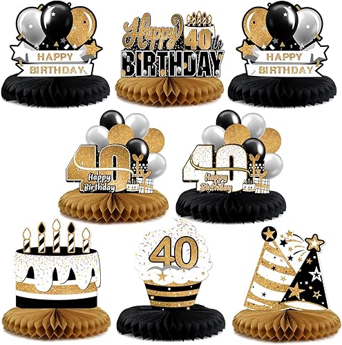 Miniatura 128 de LINGTEER Decoración feliz 50 cumpleaños negro y dorado de papel para mesa - Juego de centros de mesa con estrella de pastel y globo, 8 piezas