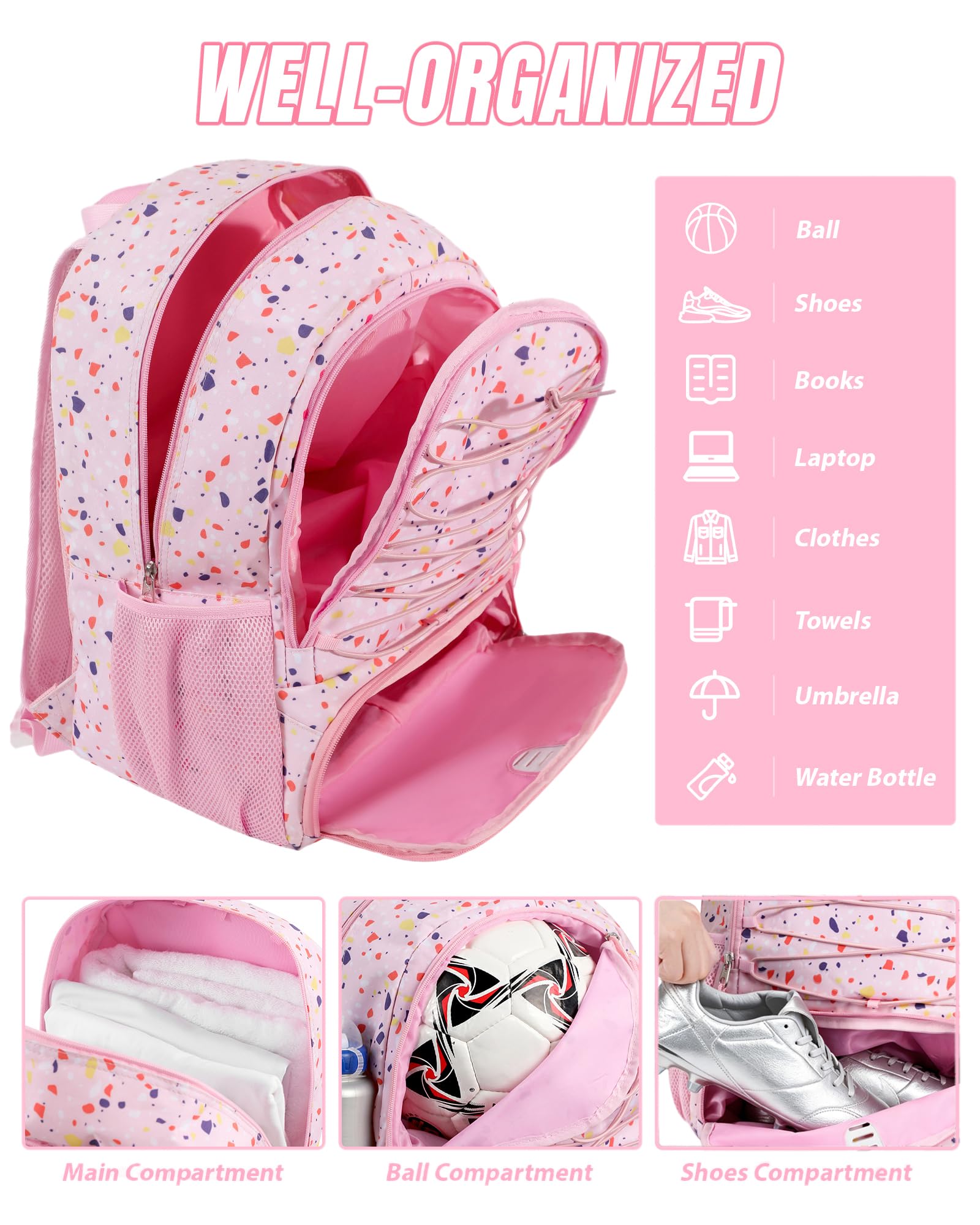 TRAILKICKER Fußball-Rucksack, 32 l, Rosa, Fußballtasche mit Ballhalter, Schuhfach, wasserabweisend, atmungsaktiv, Multisport-Rucksack für Basketball, Volleyball, Fußball, Helm