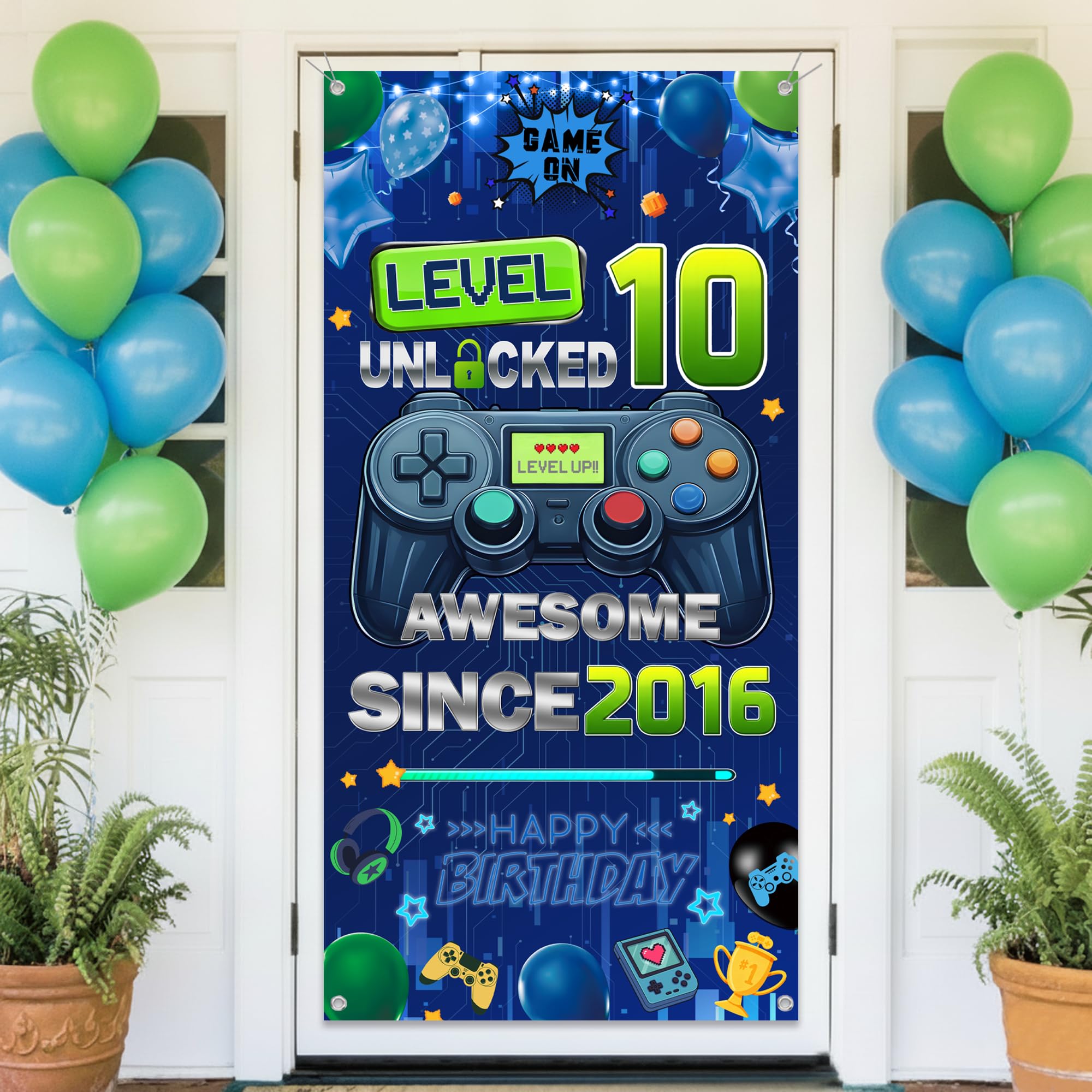 batnite Game 10th Birthday Decorations Banner, Large Blue Gaming Banner