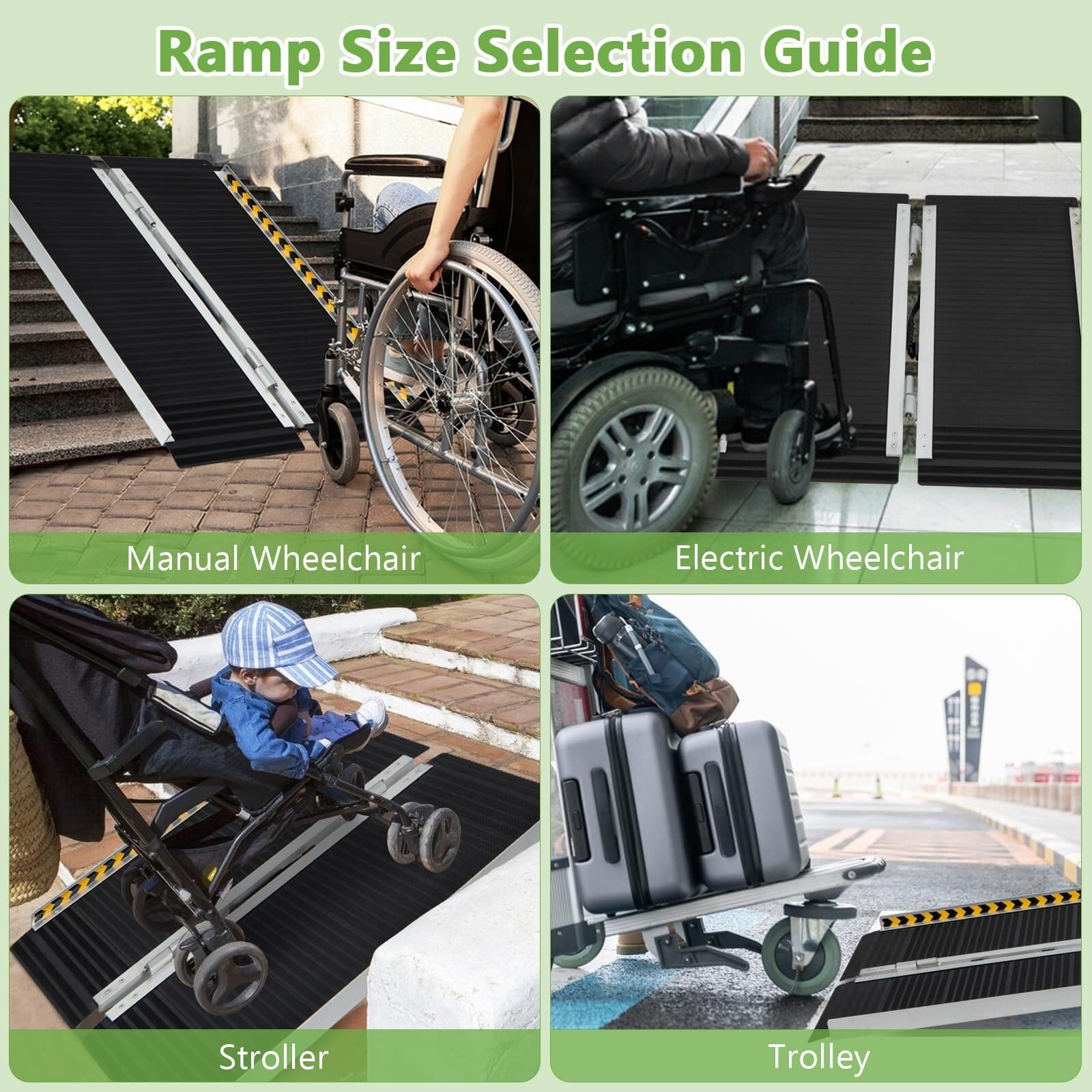 Rampa portátil de aluminio con superficie antideslizante y calcomanías reflectantes para acceso de silla de ruedas en escalones y escaleras
