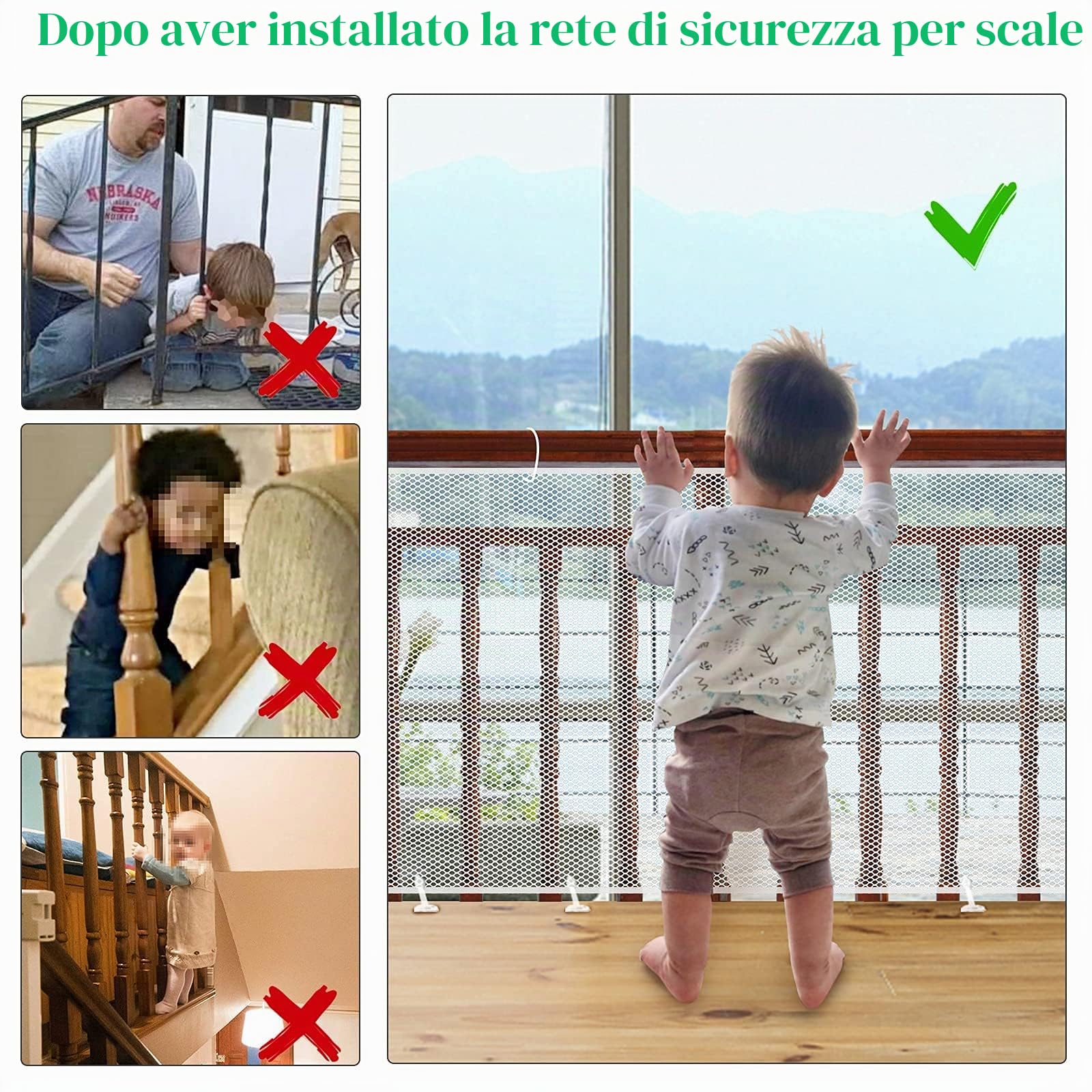 Rete di sicurezza per bambini, rete di protezione per balcone e scala, 300 x 90 cm, robusta, regolabile, recinto per scale, barriera di sicurezza in rete per gatti e giocattoli, bianco