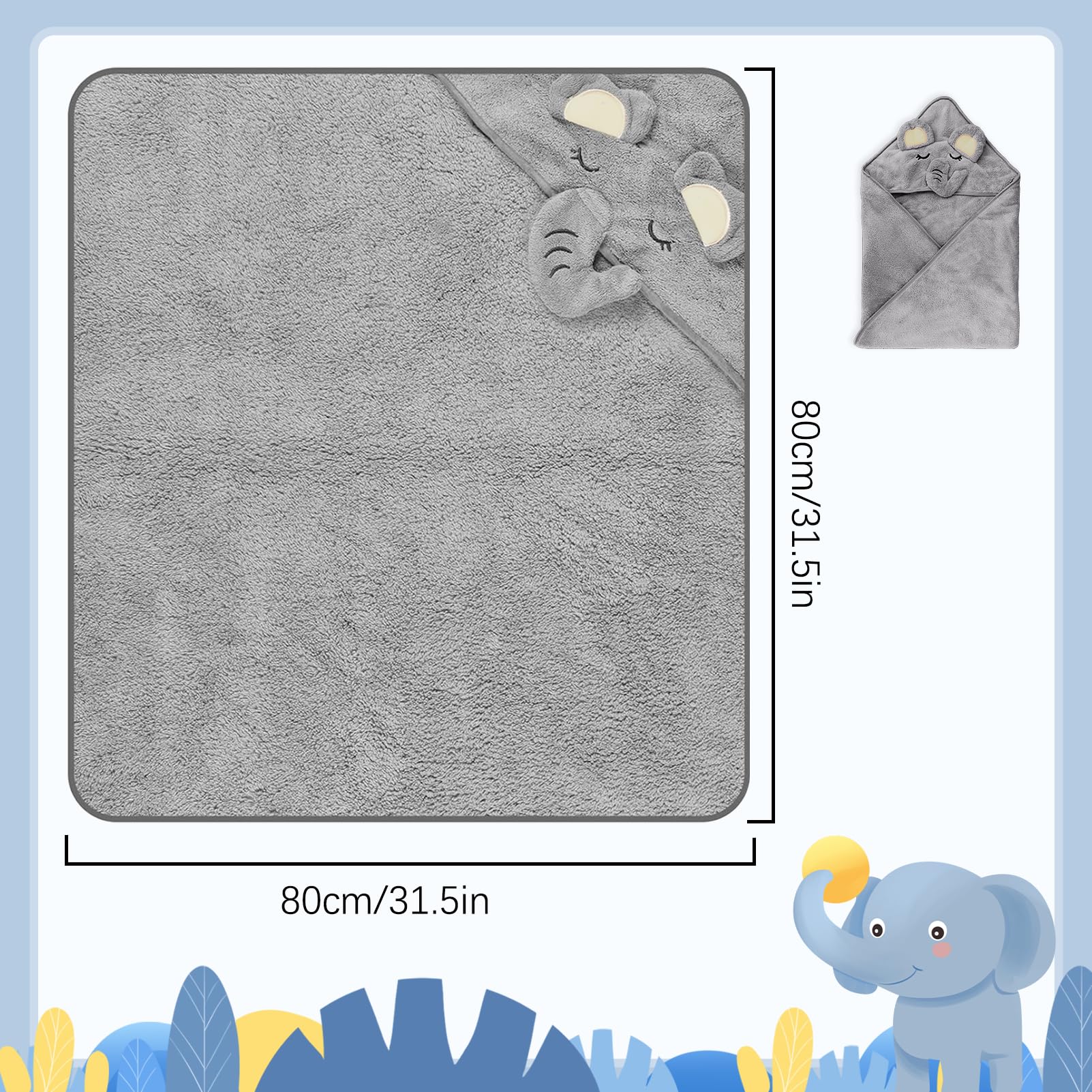 Pièces Serviette de Bain Capuche Bébé,avec Design Animal, 80 x 80 cm bébé Serviette Housse,Design d'éléphant Gris