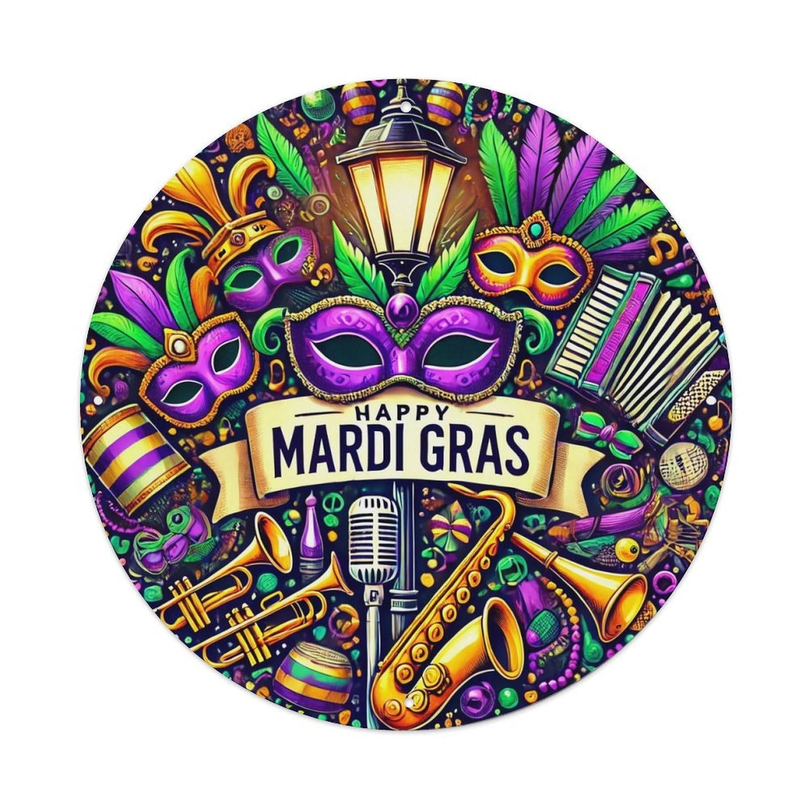 Mardi Gras Mask Music Feathers Lantern Round Tin Sign Vintage Metal Sign Home Bar Garden Indoor & Outdoor Wall Decor Retro Metal Poster 8x8 Inch
