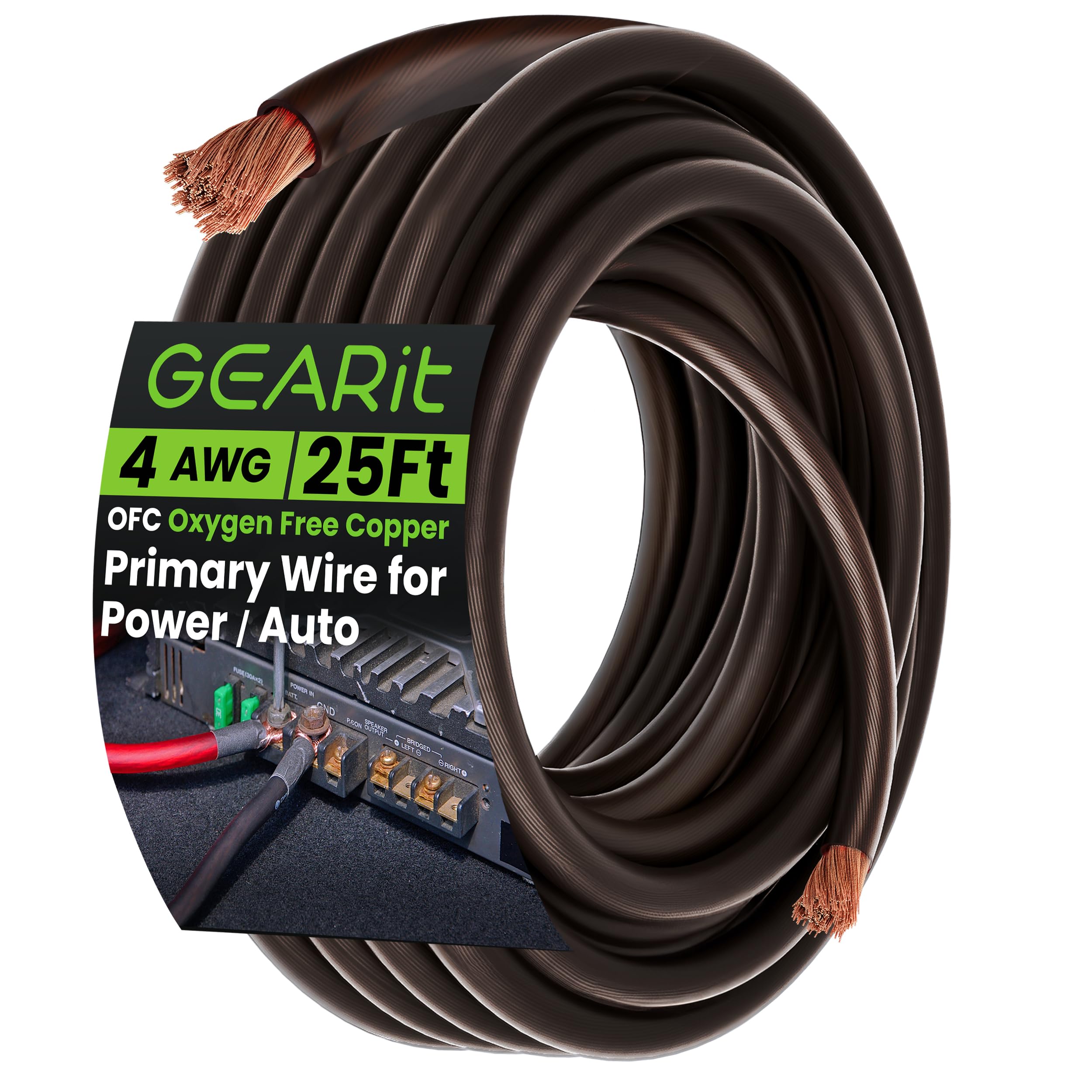 GEARit 4 Gauge Wire OFC, 4 AWG Oxygen-Free Copper Ground Wire Battery Cable, 25 ft Black Translucent, Flexible Power Cable for Car Audio Amplifier, RV, Trailer & Automotive 4 Gauge Wire Black - 25ft