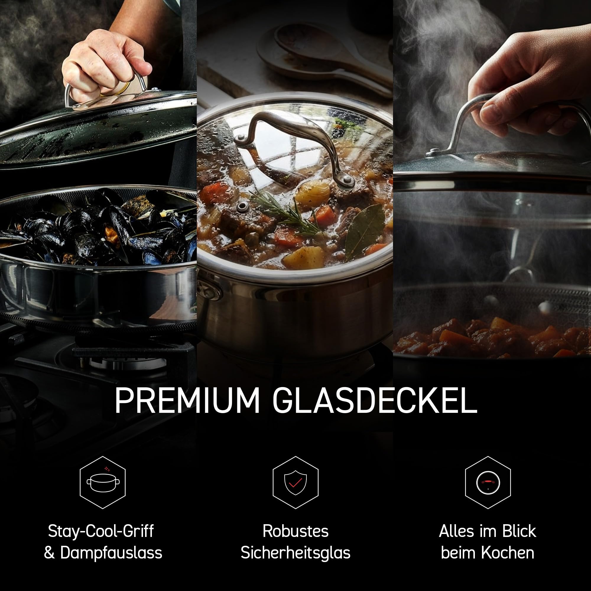 HexClad Premium Glasdeckel 20 cm – Pfannendeckel mit Dampfauslass