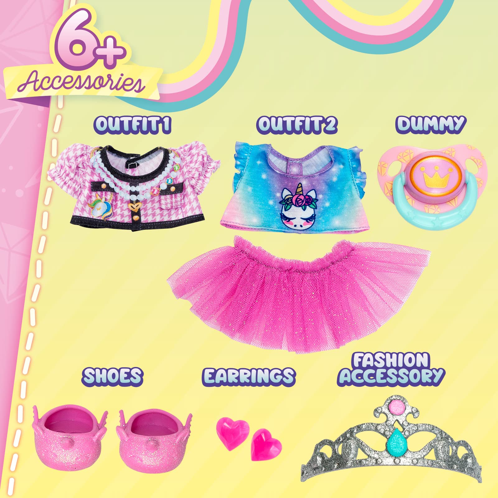 Baby Cool Missy Bling - Muñeca con Ropa, Zapatos y complementos exclusivos de Moda de Estilo glamuroso y Brillante. Incluye 2 Camisetas, 1 tutú, 1 Chupete, 1 Diadema y Pendientes, Multicolor