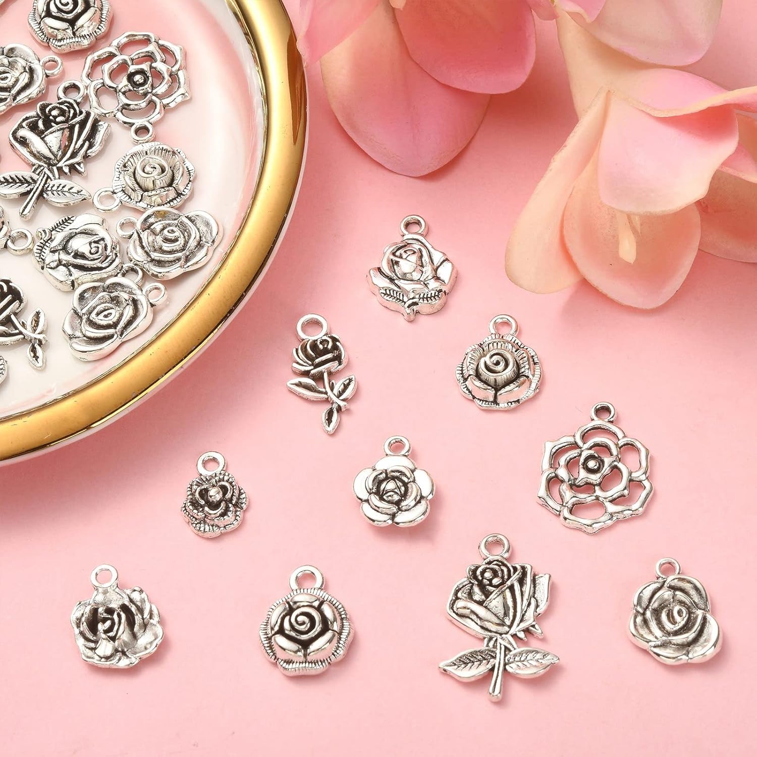 DanLingJewelry 100Pcs 10 Styles Vintage Chic Rose Charms Tibetan Flower Shape Charms for DIY Jewelry Making Earring - Image 4
