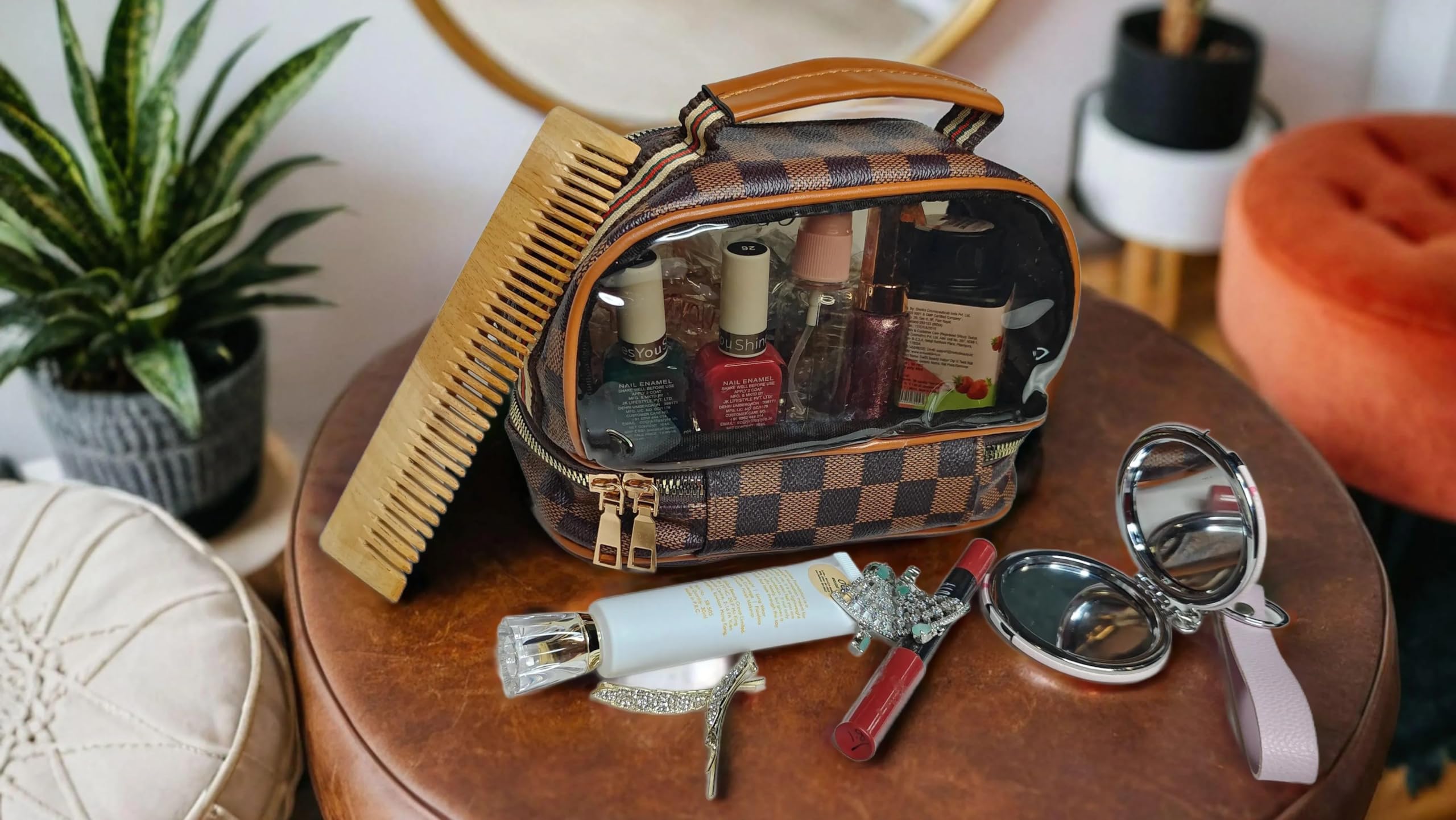 Kshavi Cosmetic Makeup Bag with Zipper, PU Leather Large Clear Makeup Bag Double Layer Travel Makeup Bag Case with Makeup Brush Bag Travel Essentials Organizers Toiletry Bag for Women & Girls (Brown) 4
