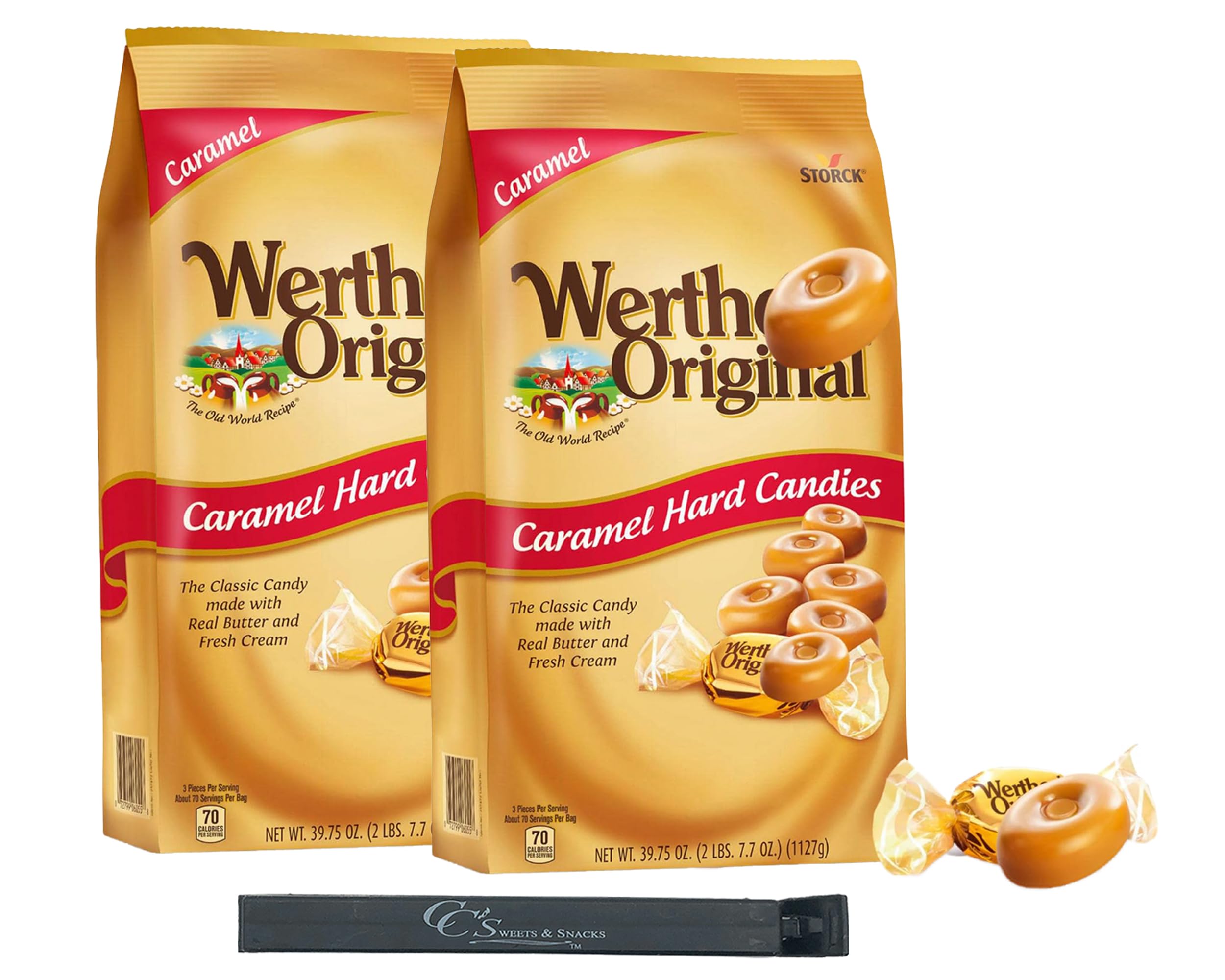 Werthers Original Hard Caramel Candy 30oz (2pk) Individually Wrapped w/ CC Sweets & Snacks Bag Clip