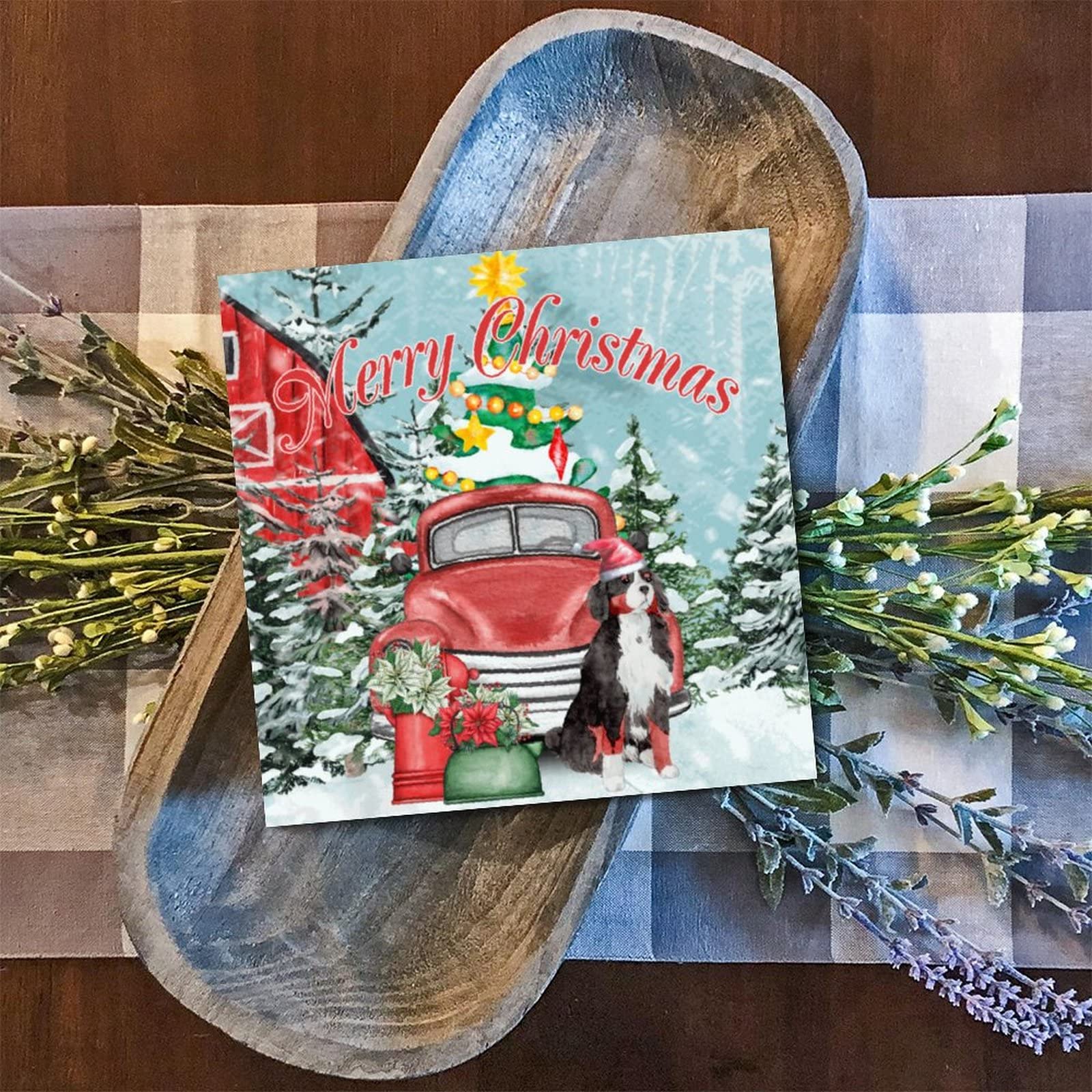 Tableau bois Merry Christmas King Charles Spaniel déco murale