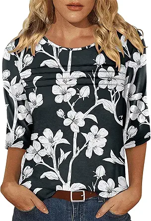 KISSMODA Women's Casual 3/4 Sleeve T-Shirts Round Neck Cute Tunic Tops Basic/Pleated Summer Tops Trendy Spring Blouses