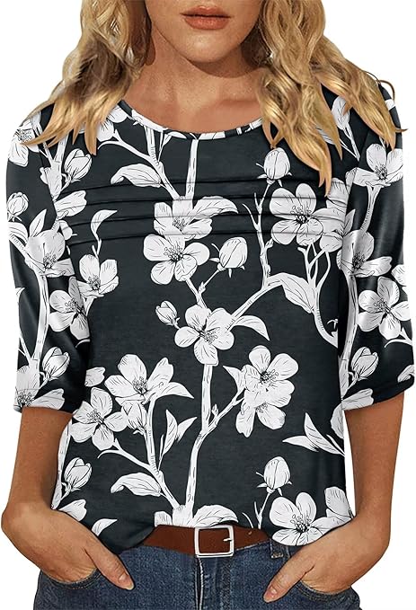 KISSMODA Women's Casual 3/4 Sleeve T-Shirts Round Neck Cute Tunic Tops Basic/Pleated Summer Tops Trendy Spring Blouses