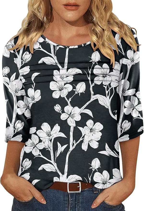 KISSMODA Women's Casual 3/4 Sleeve T-Shirts Round Neck Cute Tunic Tops Basic/Pleated Summer Tops Trendy Spring Blouses