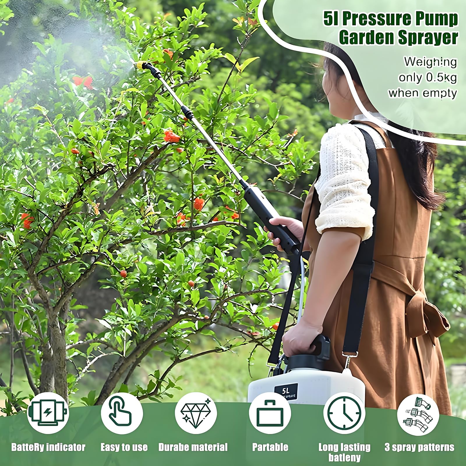 Spruzzatore da giardino alimentato a batteria, pompa a pressione portatile ricaricabile da 5 litri con 3 ugelli e asta estensibile per innaffiare piante e pulizia