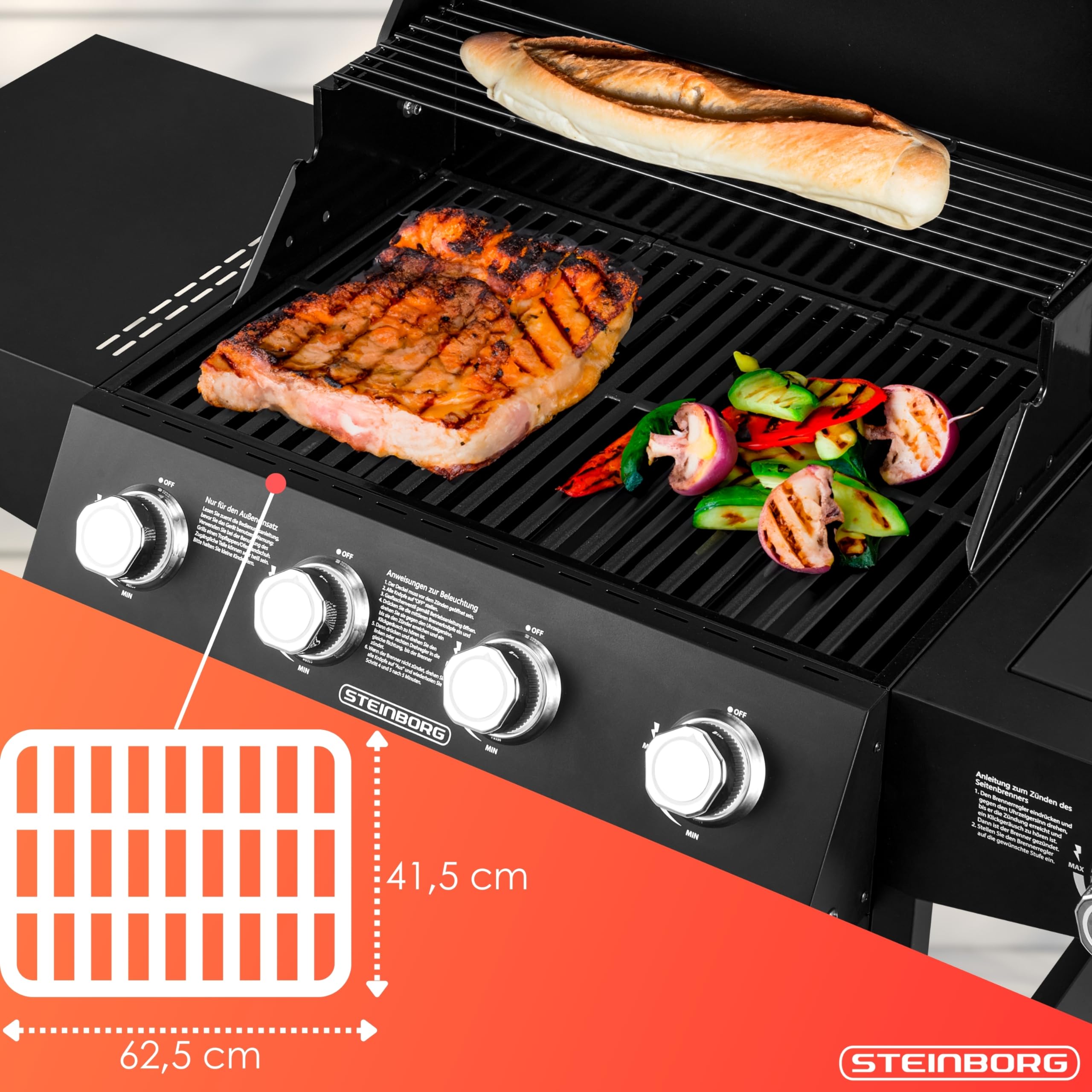 Grill Gazowy z 4 Palnikami i Palnikiem Bocznym - Zestaw z Wężem, Podświetlanymi Gazami, Stacją - Kuchenka na Zewnątrz