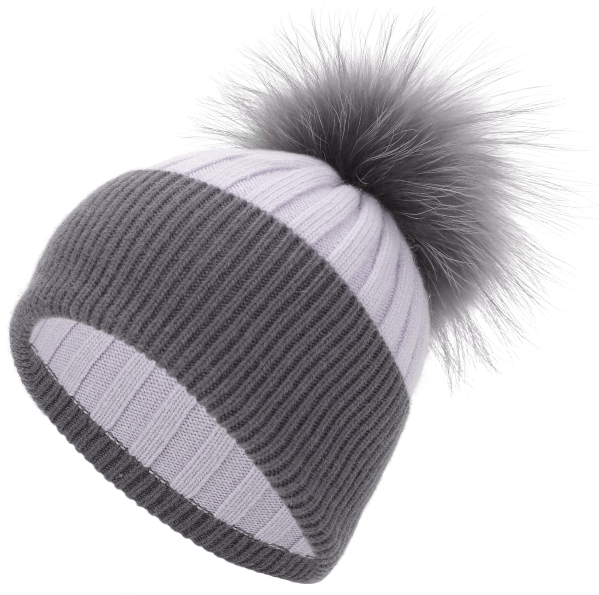 Women's Cashmere Blend Winter Beanie Hat With Detachable Real Fur Pom Pom - Purple Grey