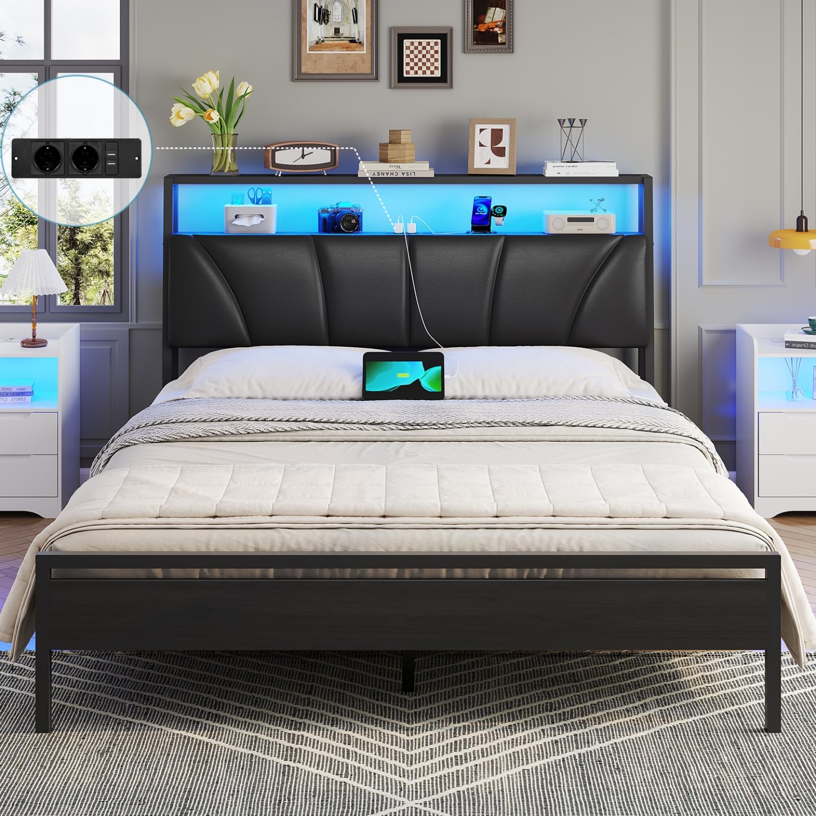 Brinlawb Bett 140x200 mit Lattenrost aus Metall, Bettgestell 140x200cm mit LED Beleuchtung Metallbett 140x200 mit Kopfteil & Ladestation(2 AC-Steckdosen& 2 USB-Anschlüsse)