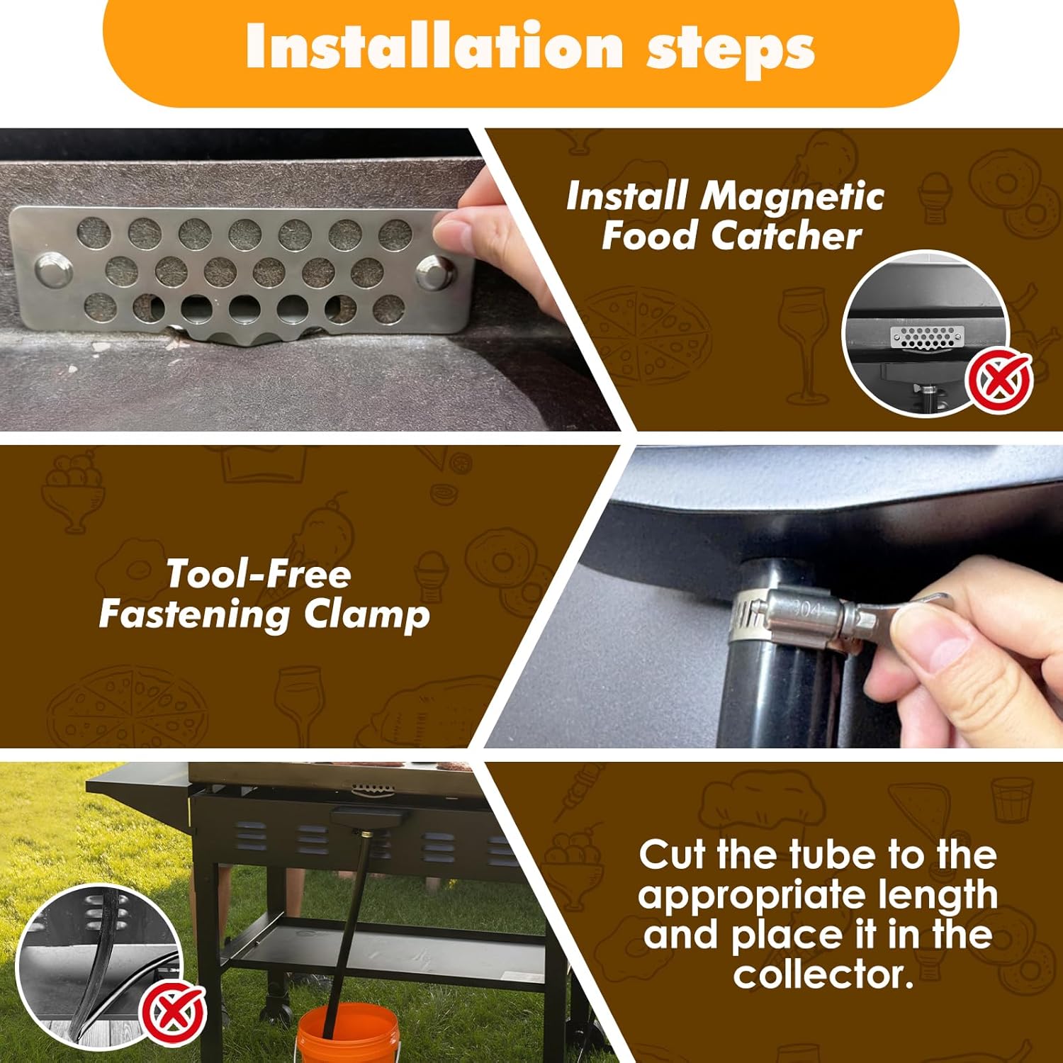 Upgraded Grease Funnel for Blackstone Griddles, Magnetic Stainless Steel Food Catcher with Funnel Collector & Silicone Drain Hose, Continuous Oil & Water Drain, No Mess, No Tools