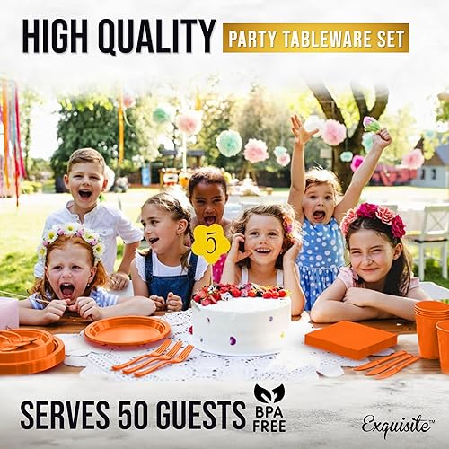 Miniatura 6 de Juego de 350 platos de plástico naranja para fiestas, juego de platos desechables naranjas, 50 de cada juego de platos llanos de 9 pulgadas, platos