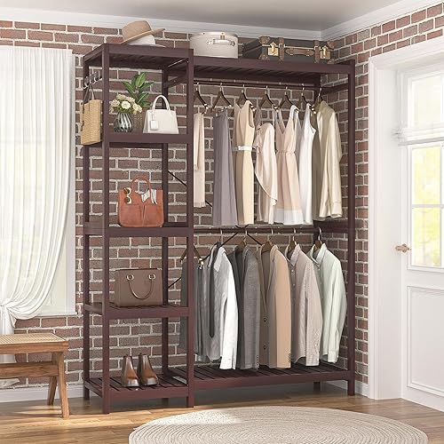 Miniatura 7 de Homykic Perchero de bambú para colgar ropa, perchero resistente con 7 estantes ajustables de niveles, varillas dobles, 4 ganchos, organizador de