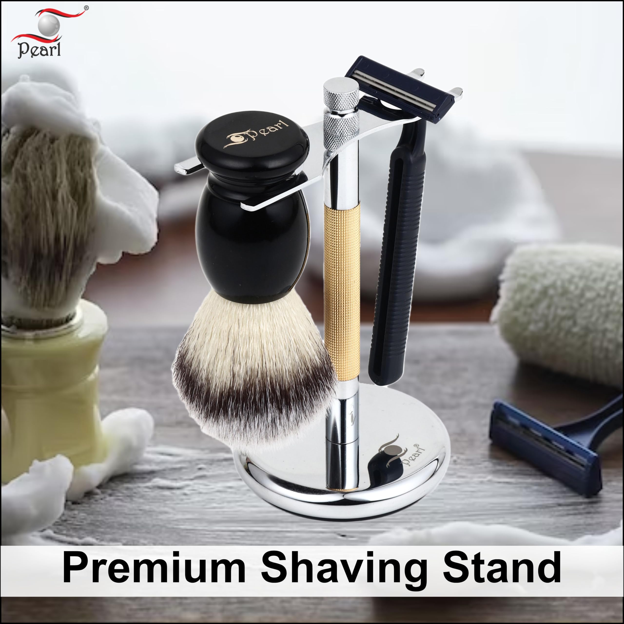 Pearl Combo of Shaving Razor and Brush Holder Stand (Gold) 3