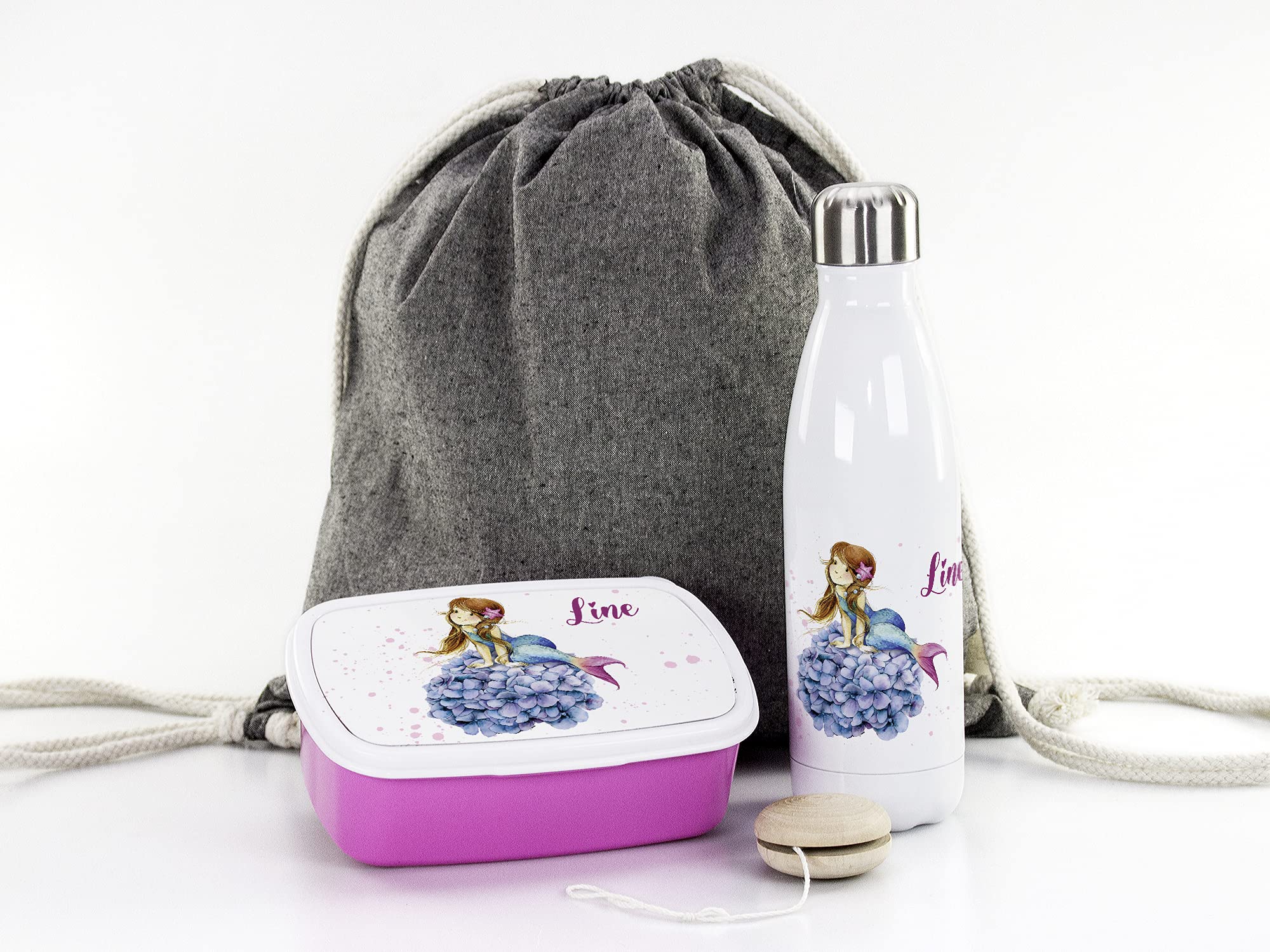 GRAZDesign Brotdose und Trinkflasche Set für Mädchen mit Namen | Meerjungfrau | personalisierte Lunchbox mit Trennwand Wasserflasche Edelstahl 500ml | Geschenk zur Einschulung, Kindergarten Start