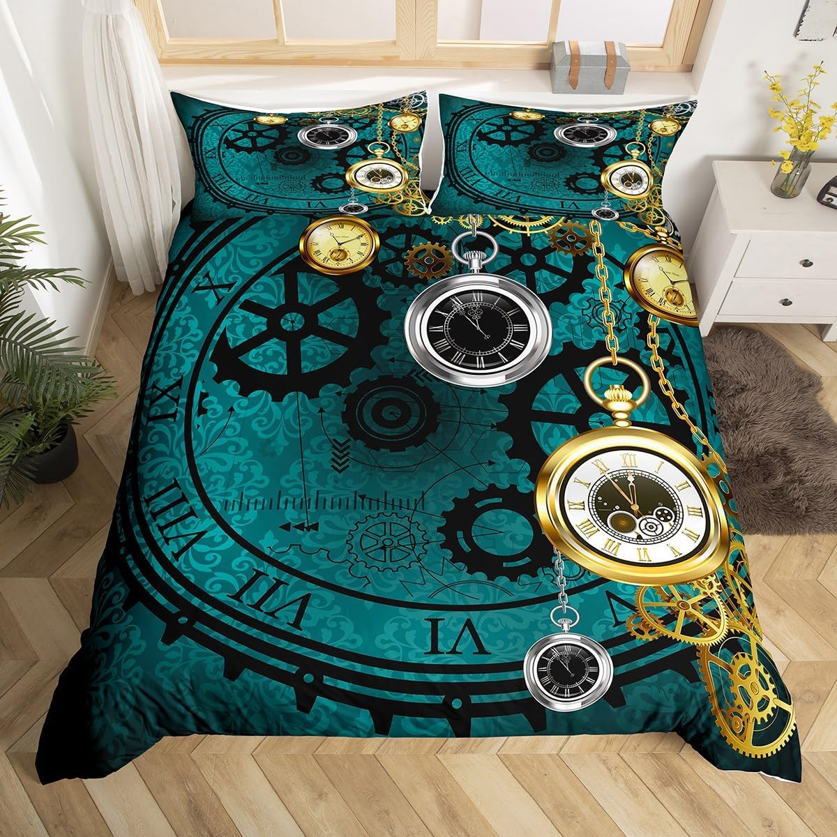 Clock Duvet Cover, Retro Steampunk Industrial Comforter Cover Vintage Watches with Roman Digits Antique Machine Time Pattern Illustration, Decorative Bedding Set with Zipper, Full Size, Blue Teal