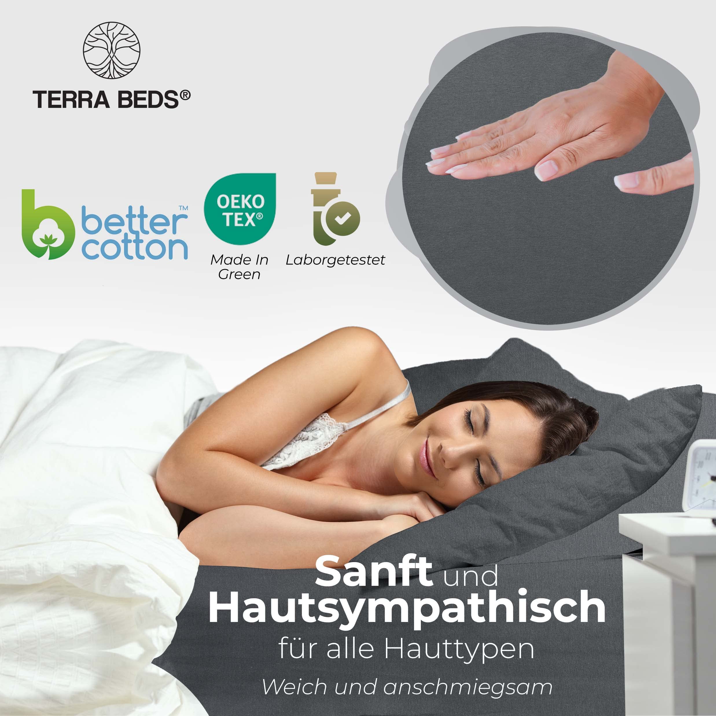 Terra Beds Premium Topper prześcieradło z gumką 90 x 200 cm – 100 x 200 cm, 160 g/m2 – 100% wysokiej jakości prześcieradło z gumką Oeko-TEX z dżerseju na łóżko kontynentalne – dostępne w 10 kolorach