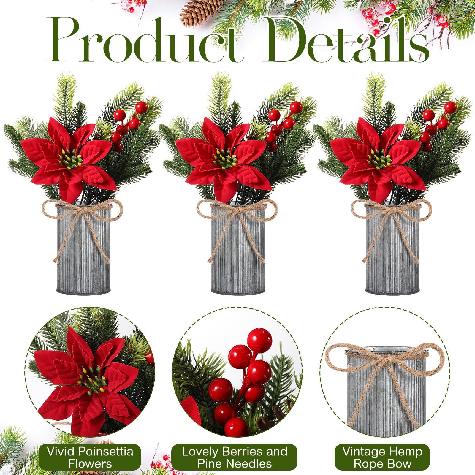 Tioncy Lot de 12 poinsettias artificiels pour table de Noël avec vase en métal - Pics à fleurs de houx rouges - Tiges de pin - Arrangements floraux artificiels pour la maison, la table de fête