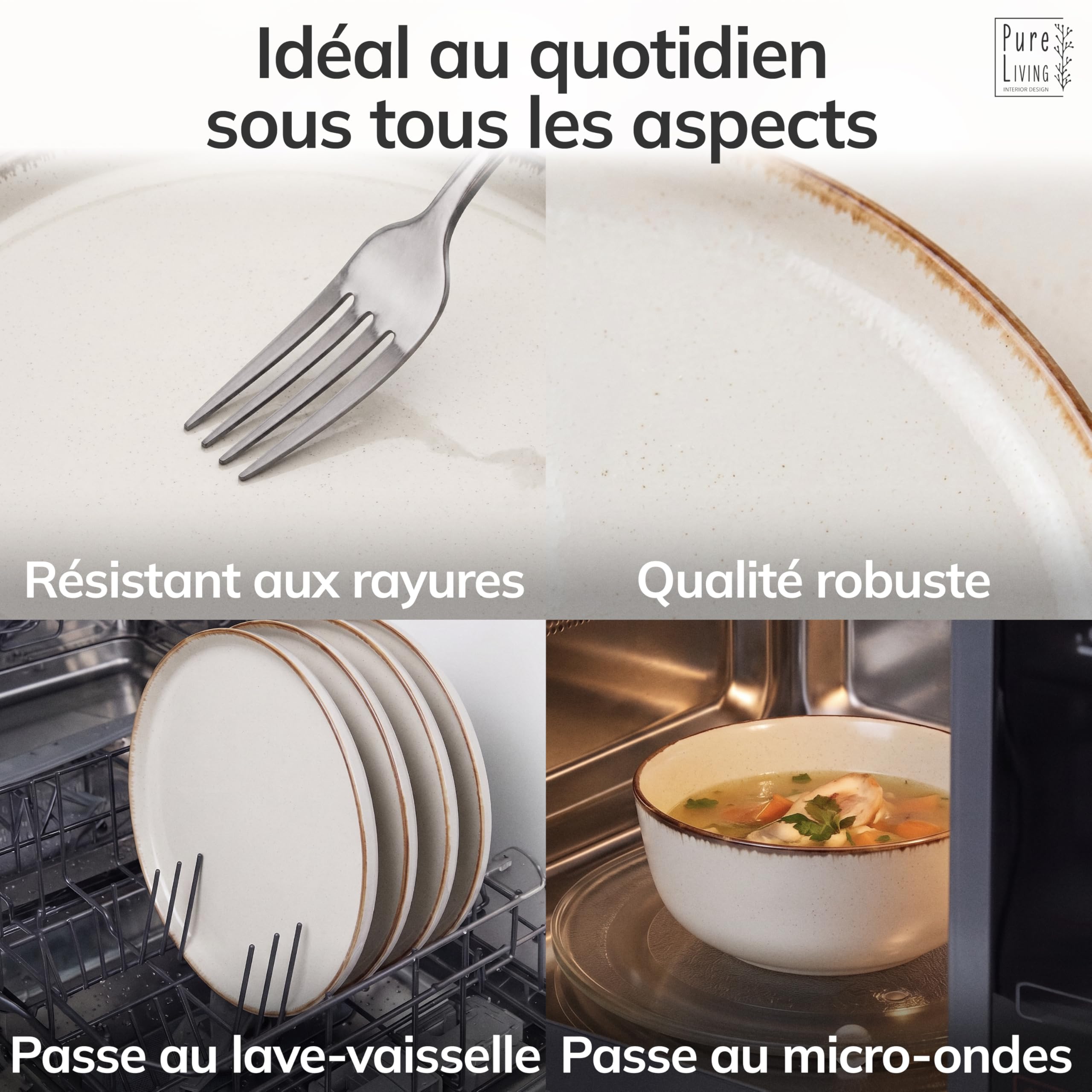 Pure Living Service de table en faïence rustique pour 6 personnes 24 pièces Vainqueur du test Style maison de campagne Service de table en faïence de qualité supérieure Beige